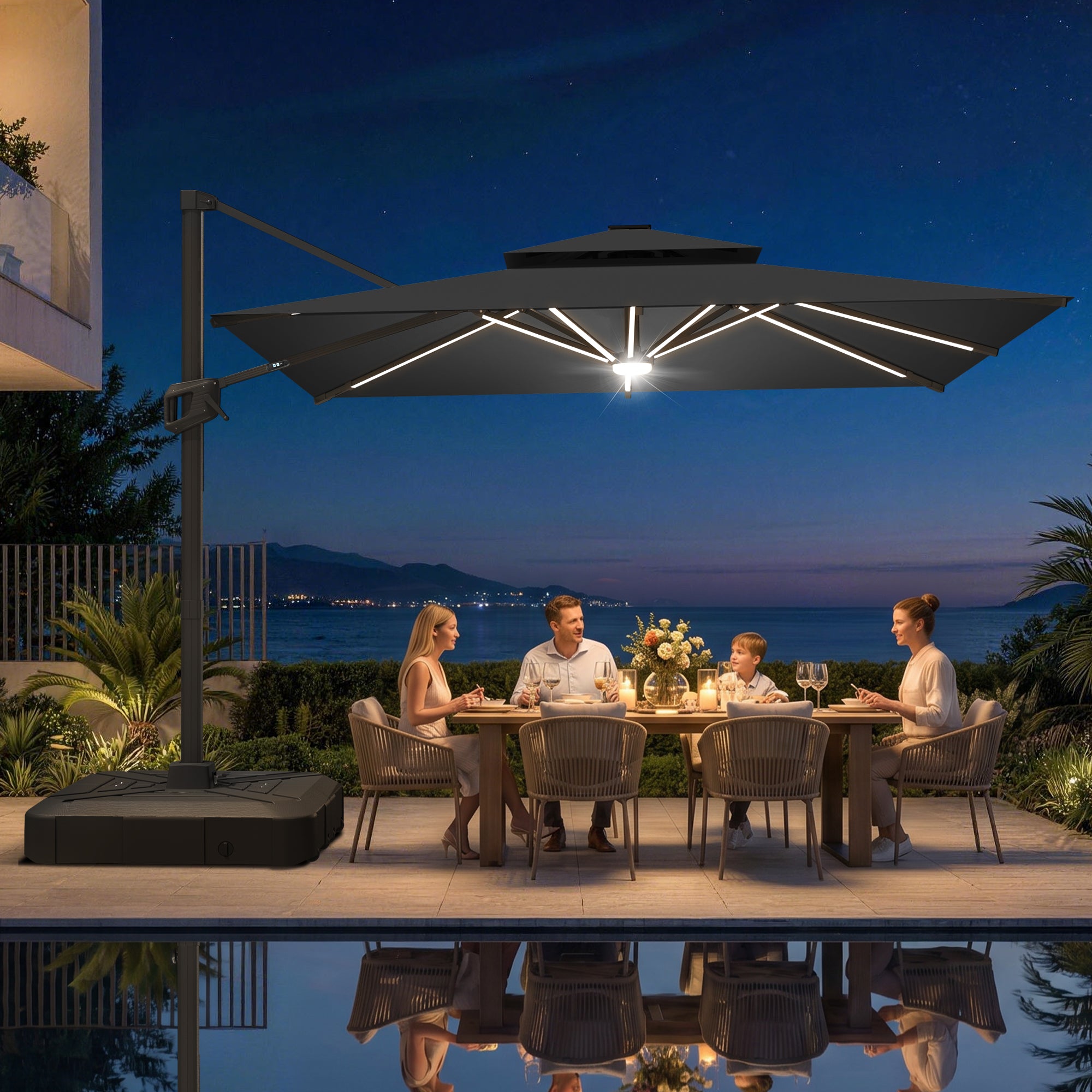 LED Cantilever Umbrella with Integrated Ribline Lighting for Outdoor Dining, Poolside Lounging & Garden Evenings
