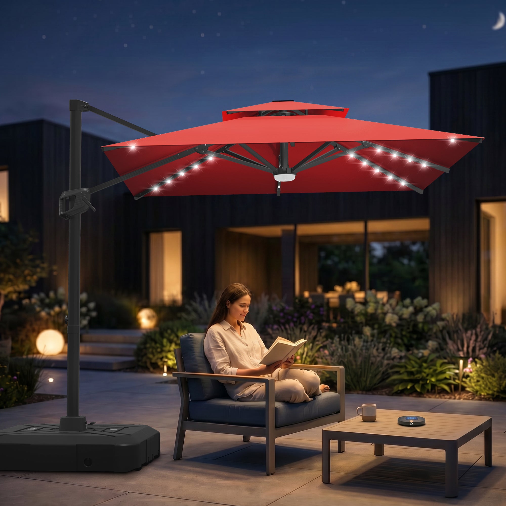 Cantilever Umbrella with Integrated Solar LED Bead Lights for Patios, Poolside Lounging & Garden Evenings