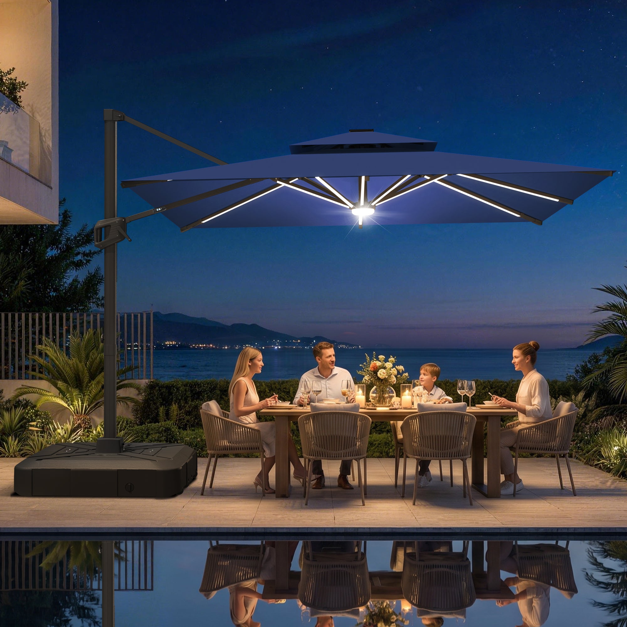 LED Cantilever Umbrella with Integrated Ribline Lighting for Outdoor Dining, Poolside Lounging & Garden Evenings