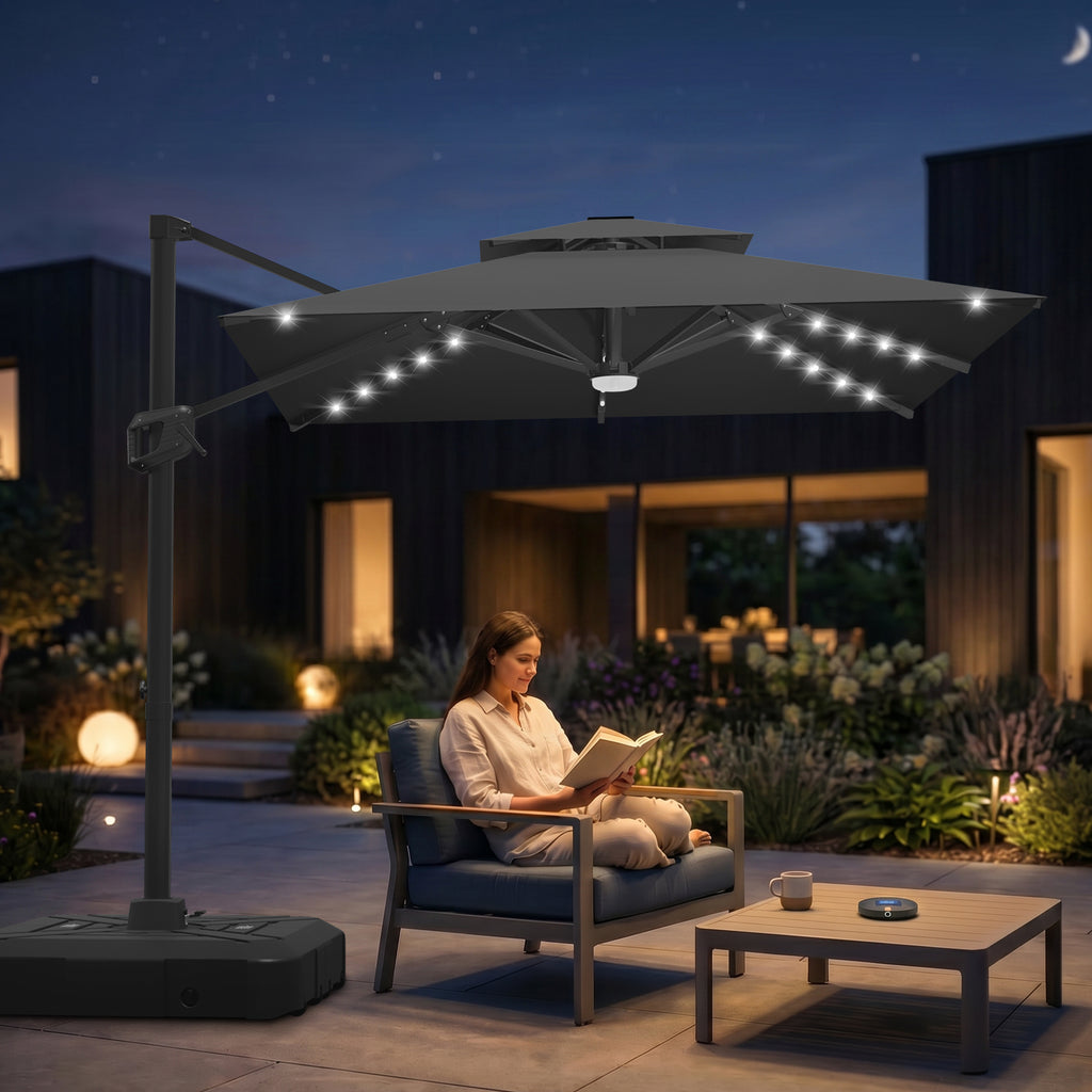 Cantilever Umbrella with Integrated Solar LED Bead Lights for Patios, Poolside Lounging & Garden Evenings