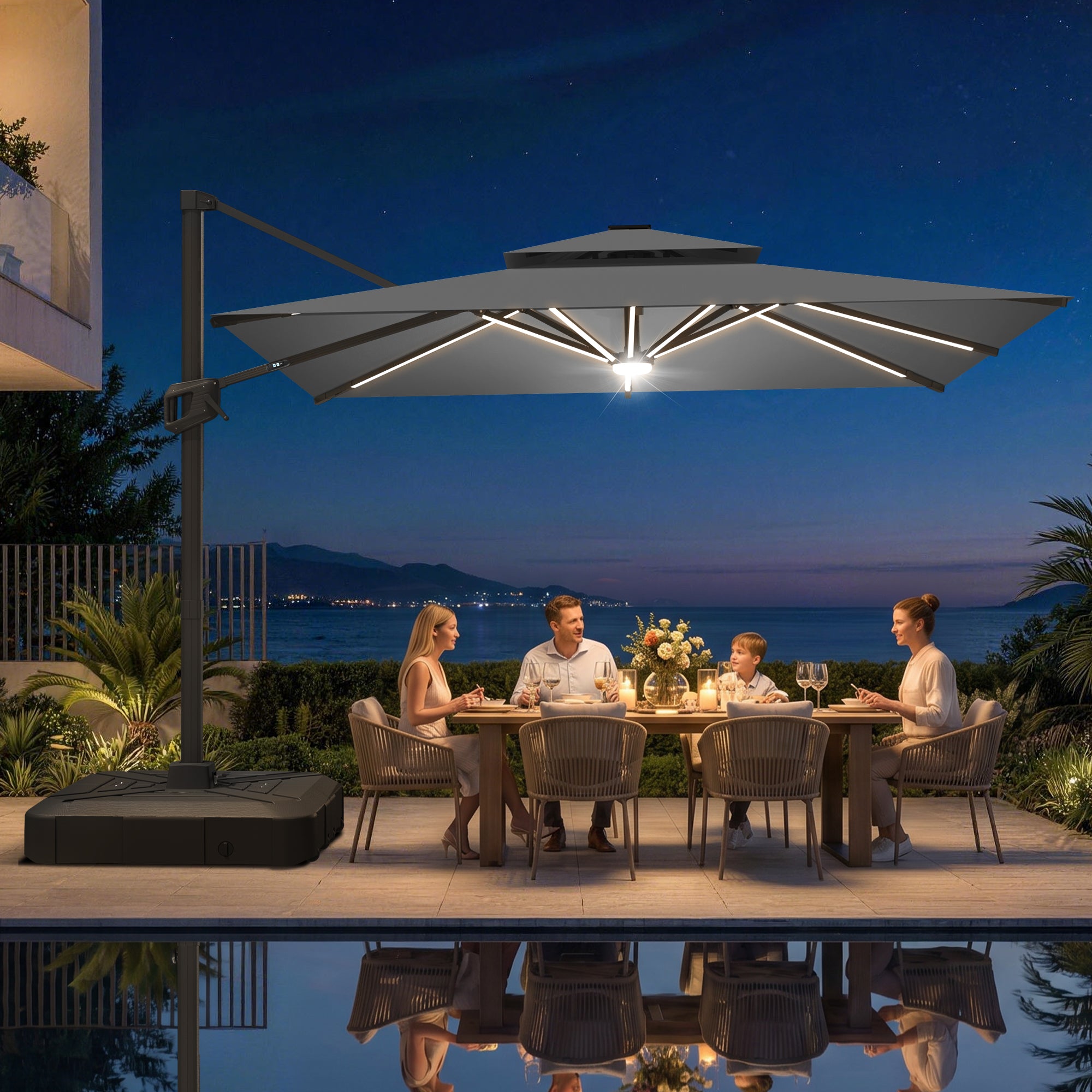LED Cantilever Umbrella with Integrated Ribline Lighting for Outdoor Dining, Poolside Lounging & Garden Evenings