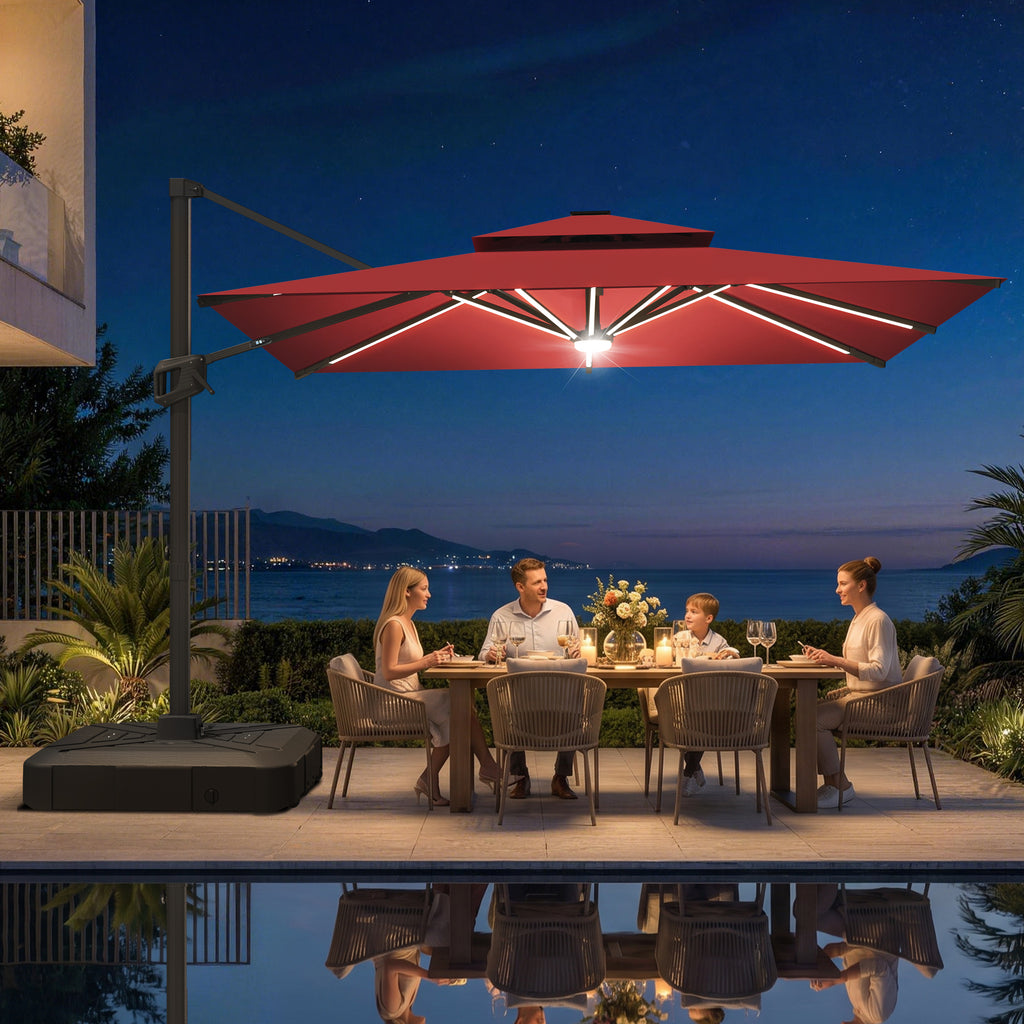 LED Cantilever Umbrella with Integrated Ribline Lighting for Outdoor Dining, Poolside Lounging & Garden Evenings