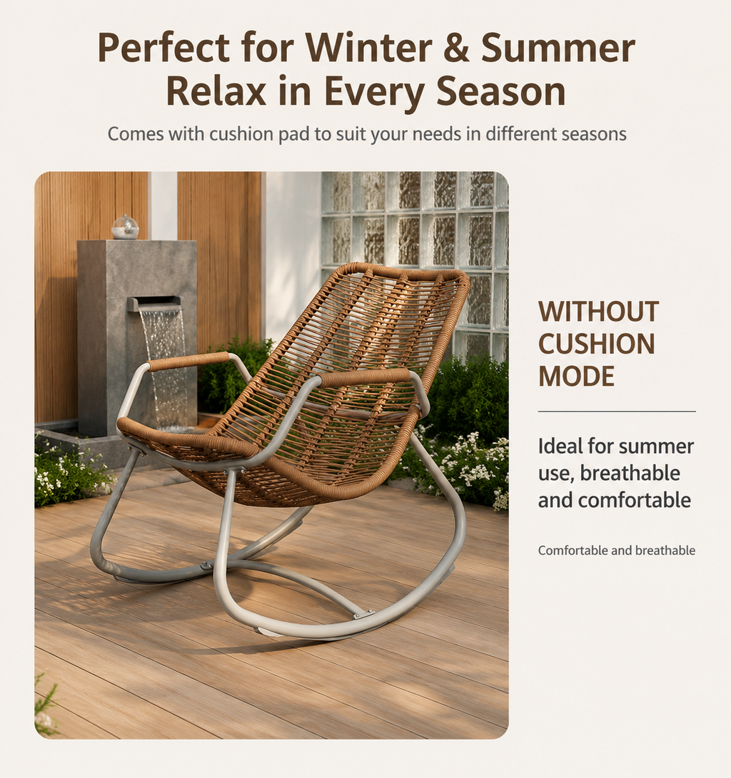 Outdoor Rattan Rocking Chair – Comfortable Single Recliner Chair for Patio, Balcony, Living Room & Garden