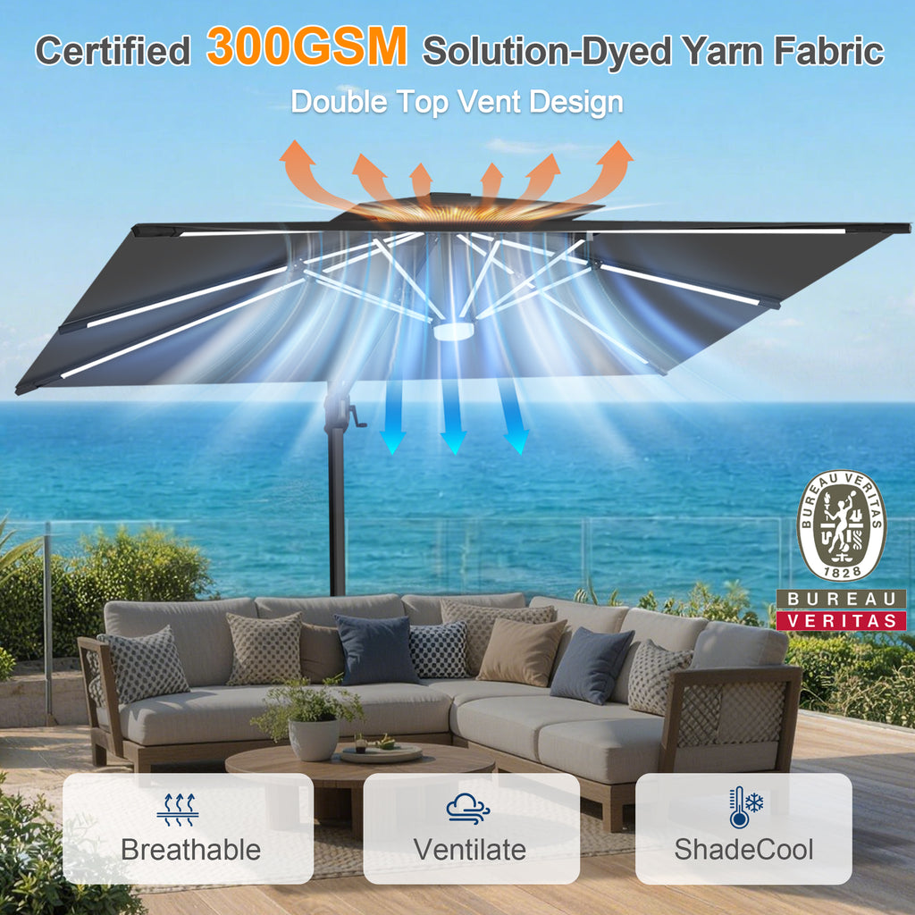 LED Cantilever Umbrella with Integrated Ribline Lighting for Outdoor Dining, Poolside Lounging & Garden Evenings