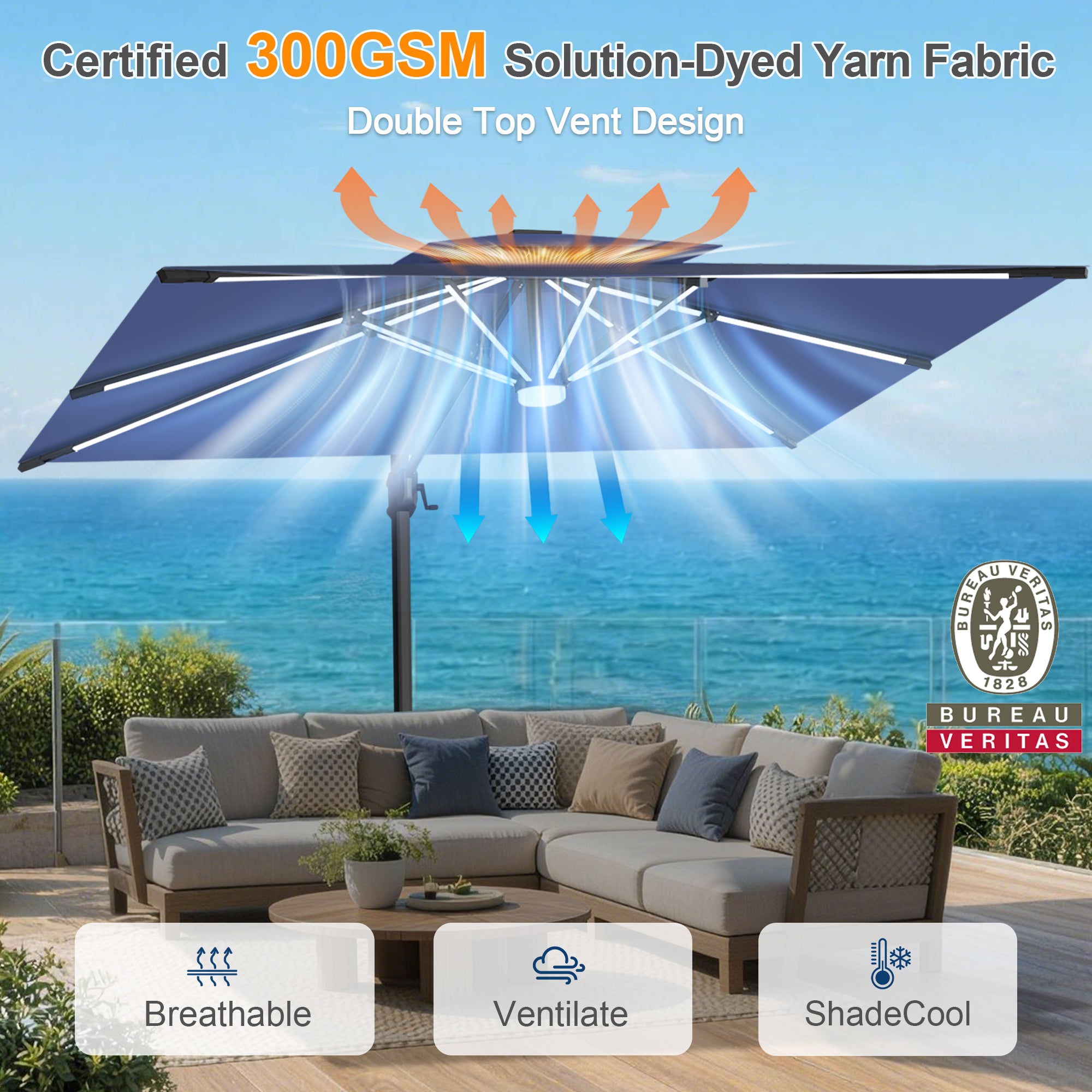 LED Cantilever Umbrella with Integrated Ribline Lighting for Outdoor Dining, Poolside Lounging & Garden Evenings