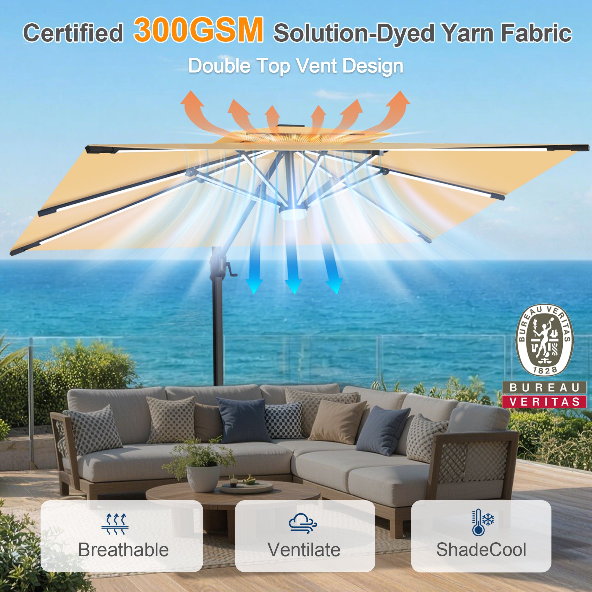 LED Cantilever Umbrella with Integrated Ribline Lighting for Outdoor Dining, Poolside Lounging & Garden Evenings