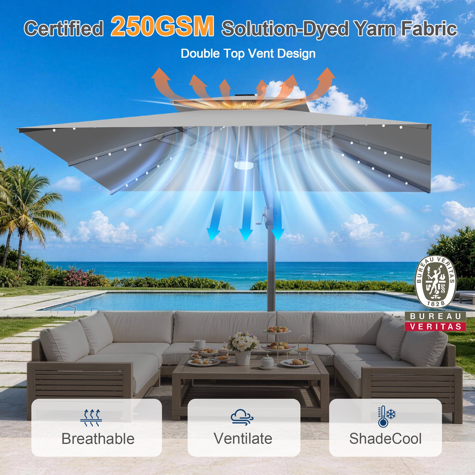 Cantilever Umbrella with Integrated Solar LED Bead Lights for Patios, Poolside Lounging & Garden Evenings
