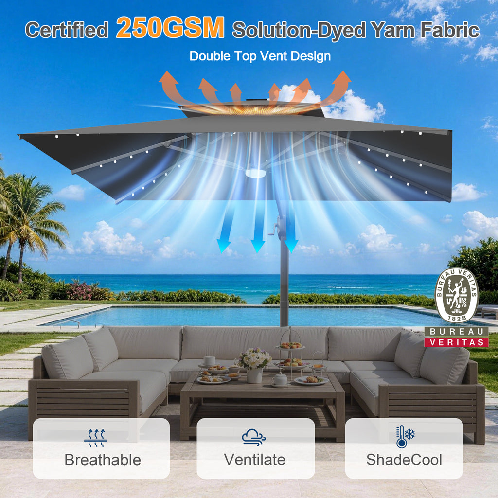 Cantilever Umbrella with Integrated Solar LED Bead Lights for Patios, Poolside Lounging & Garden Evenings