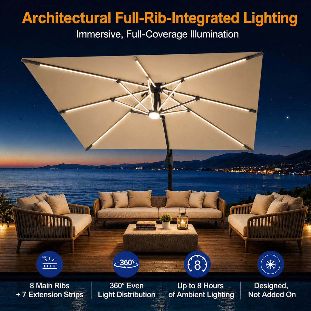 LED Cantilever Umbrella with Integrated Ribline Lighting for Outdoor Dining, Poolside Lounging & Garden Evenings