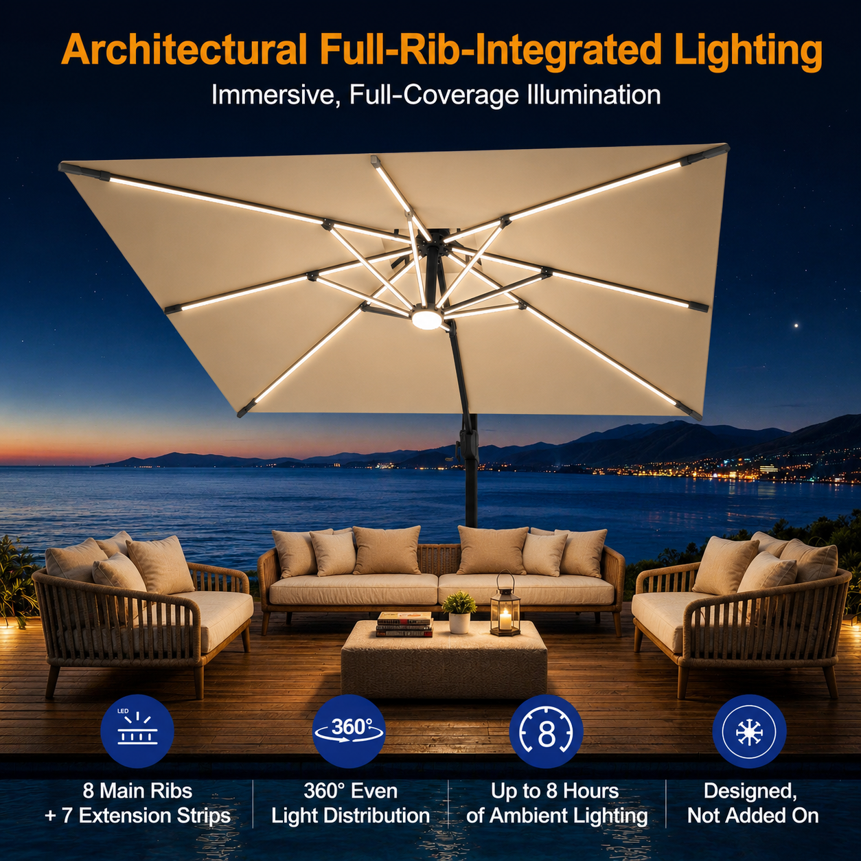 LED Cantilever Umbrella with Integrated Ribline Lighting for Outdoor Dining, Poolside Lounging & Garden Evenings