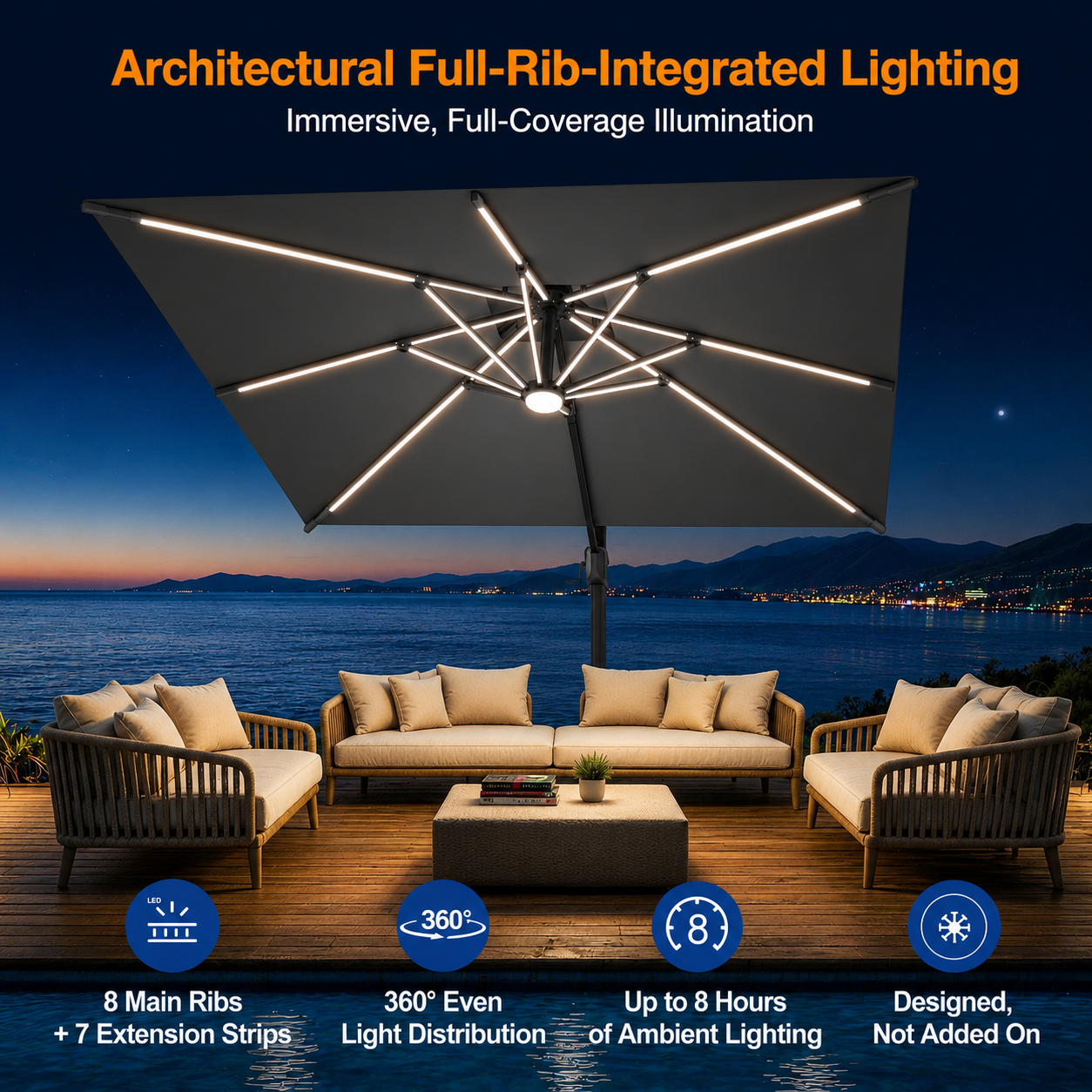 LED Cantilever Umbrella with Integrated Ribline Lighting for Outdoor Dining, Poolside Lounging & Garden Evenings