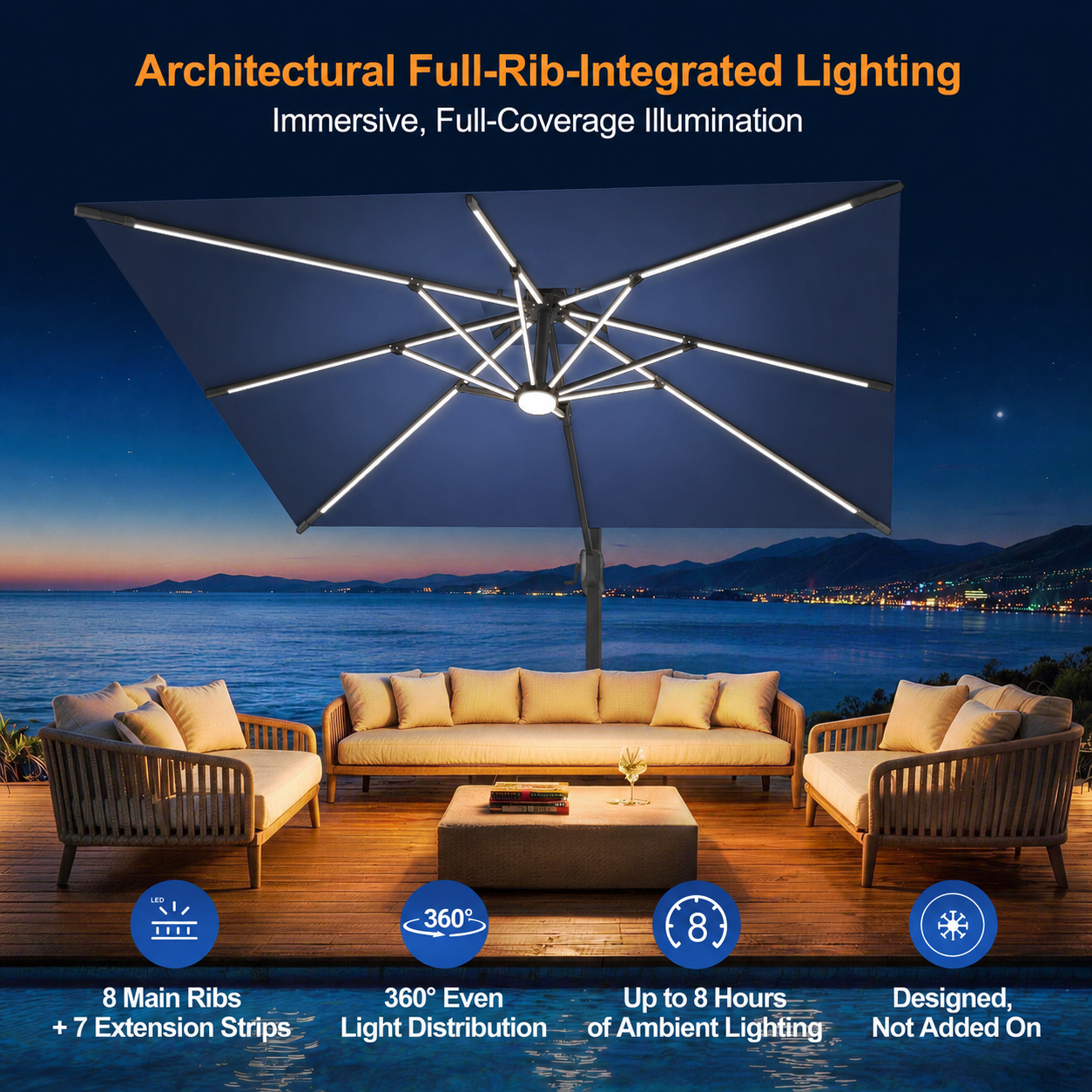 LED Cantilever Umbrella with Integrated Ribline Lighting for Outdoor Dining, Poolside Lounging & Garden Evenings