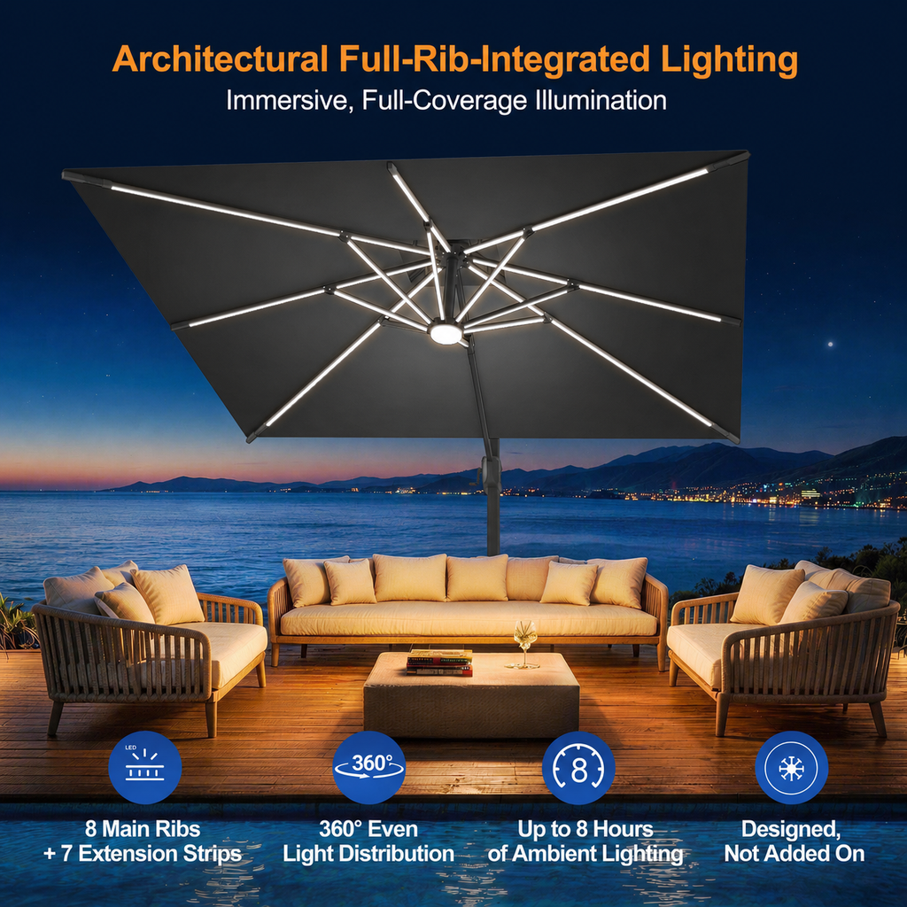 LED Cantilever Umbrella with Integrated Ribline Lighting for Outdoor Dining, Poolside Lounging & Garden Evenings