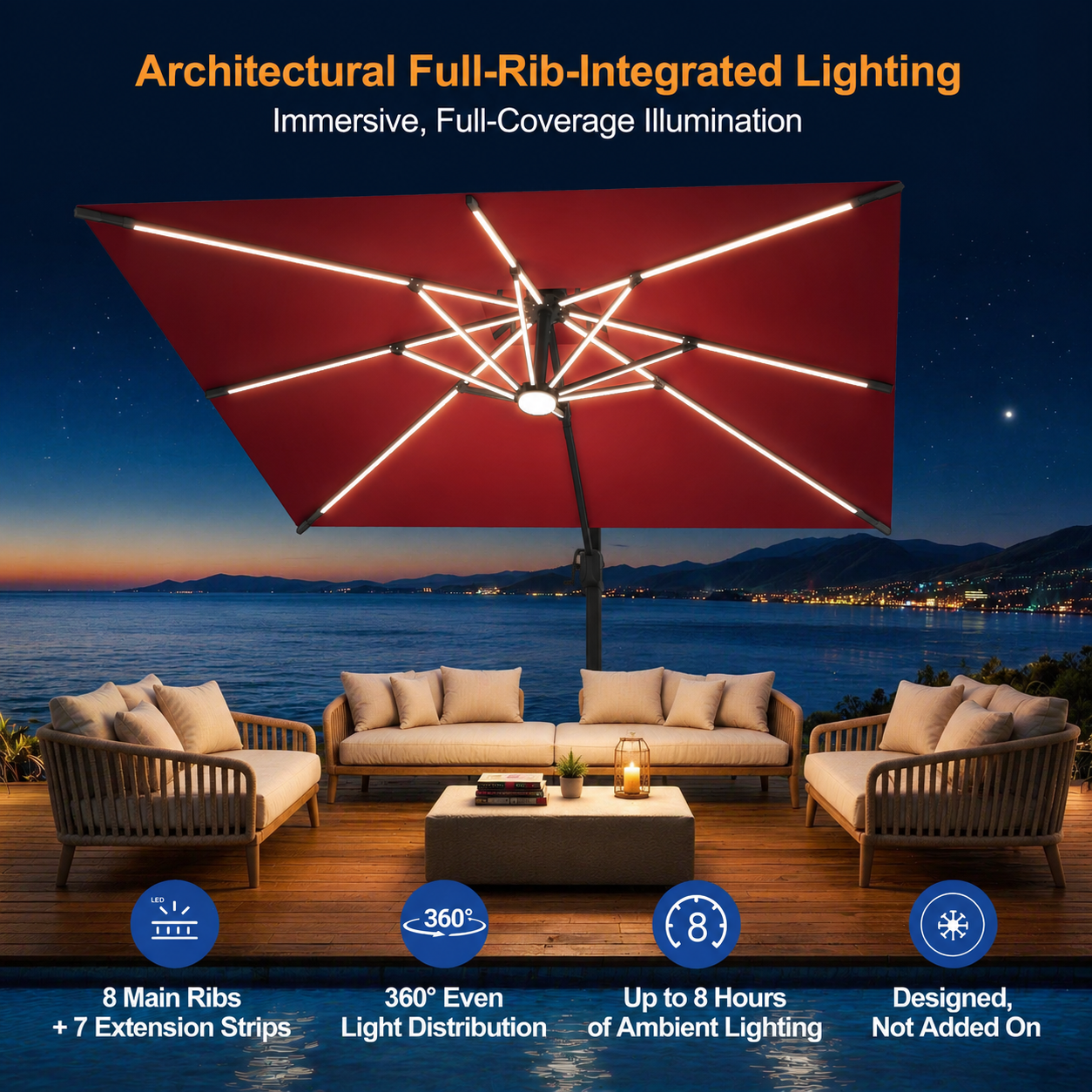 LED Cantilever Umbrella with Integrated Ribline Lighting for Outdoor Dining, Poolside Lounging & Garden Evenings