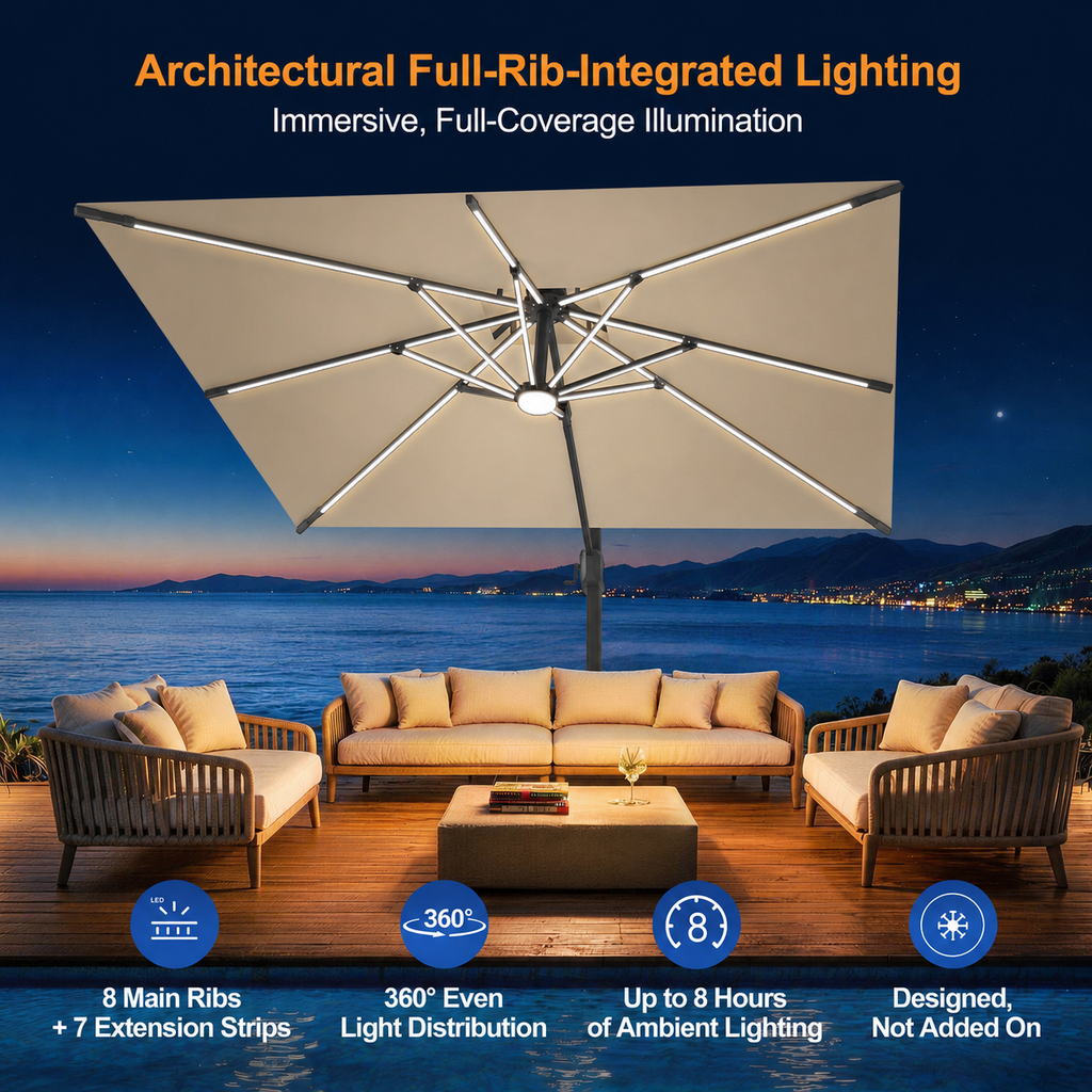 LED Cantilever Umbrella with Integrated Ribline Lighting for Outdoor Dining, Poolside Lounging & Garden Evenings