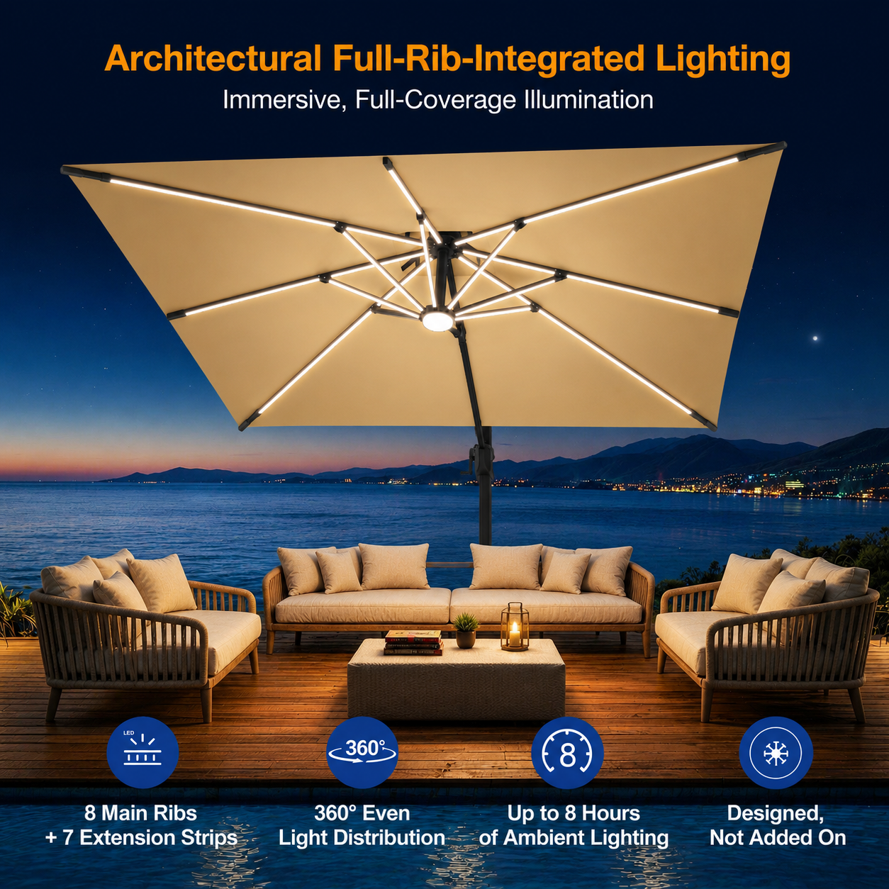 LED Cantilever Umbrella with Integrated Ribline Lighting for Outdoor Dining, Poolside Lounging & Garden Evenings
