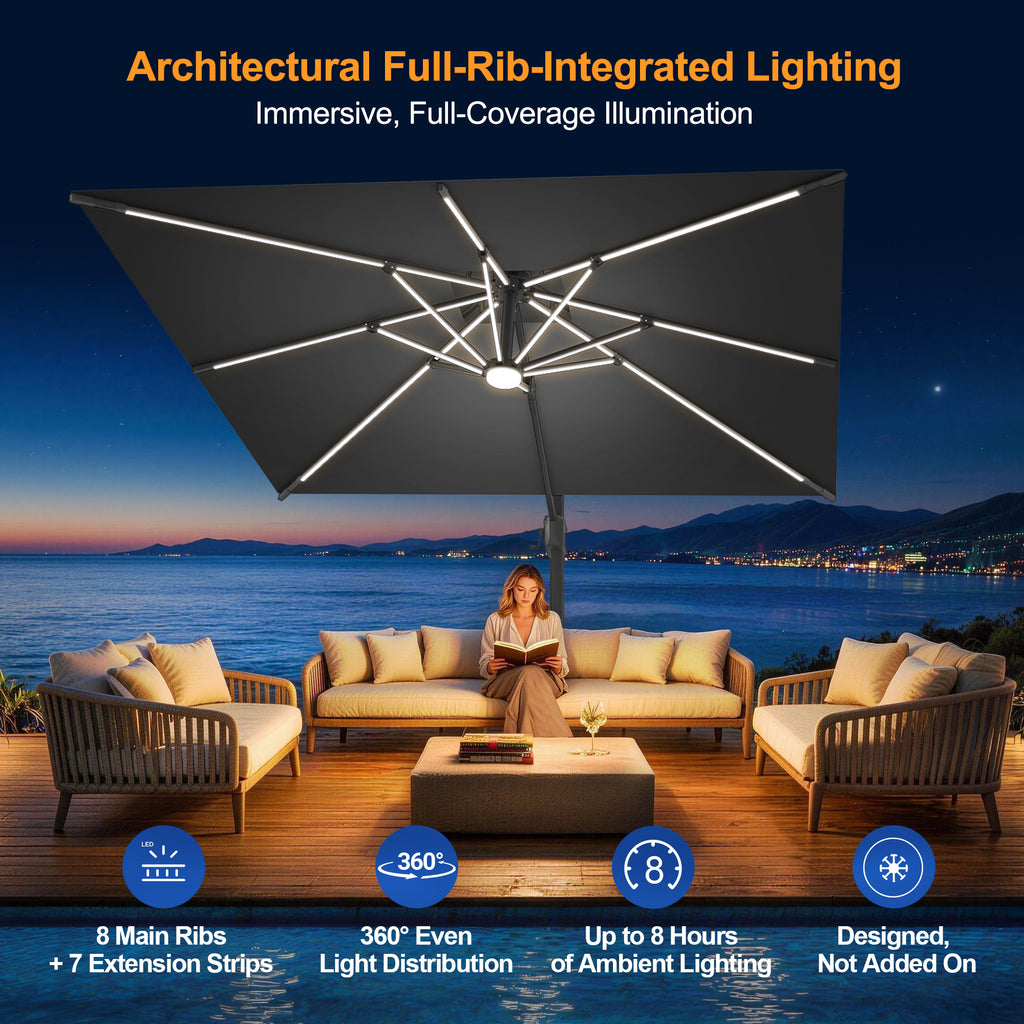 LED Cantilever Umbrella with Integrated Ribline Lighting for Outdoor Dining, Poolside Lounging & Garden Evenings