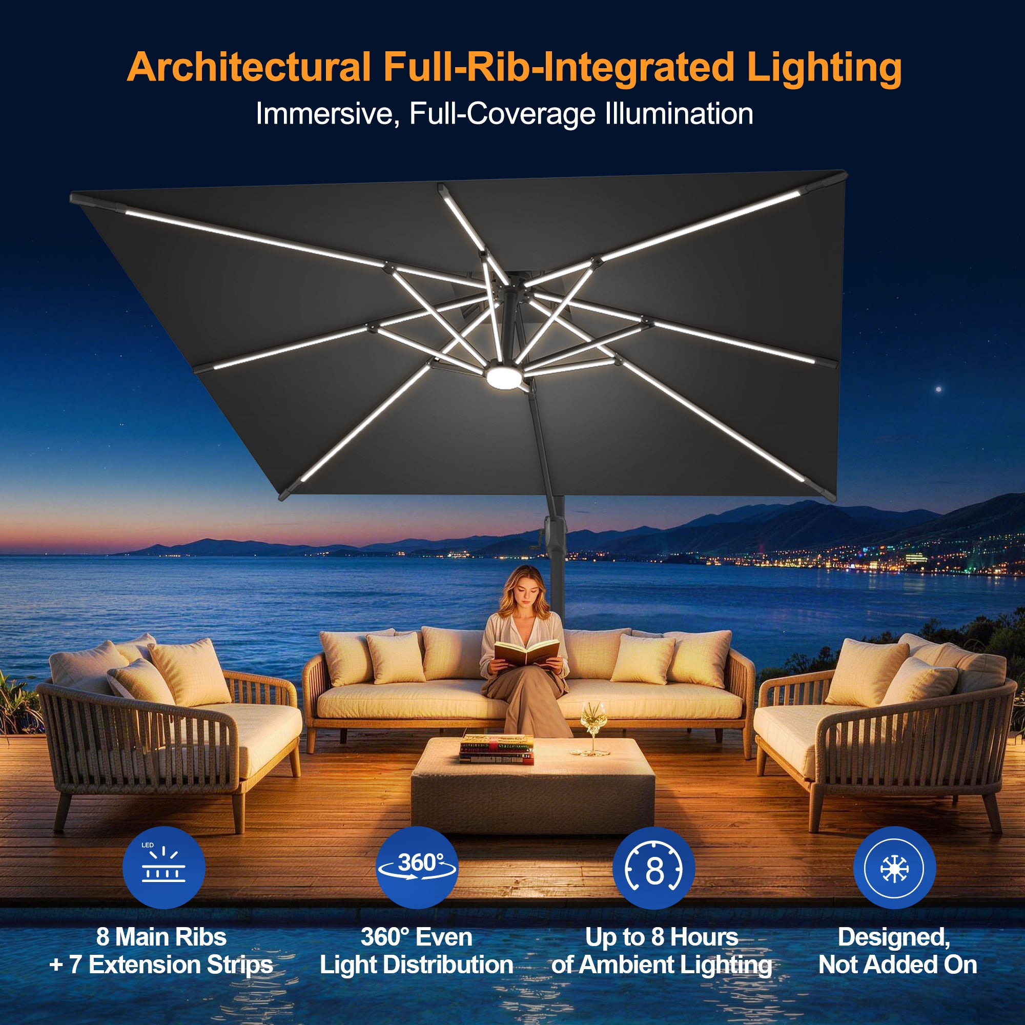 LED Cantilever Umbrella with Integrated Ribline Lighting for Outdoor Dining, Poolside Lounging & Garden Evenings