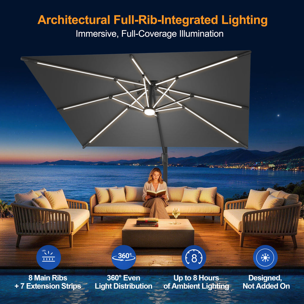 LED Cantilever Umbrella with Integrated Ribline Lighting for Outdoor Dining, Poolside Lounging & Garden Evenings