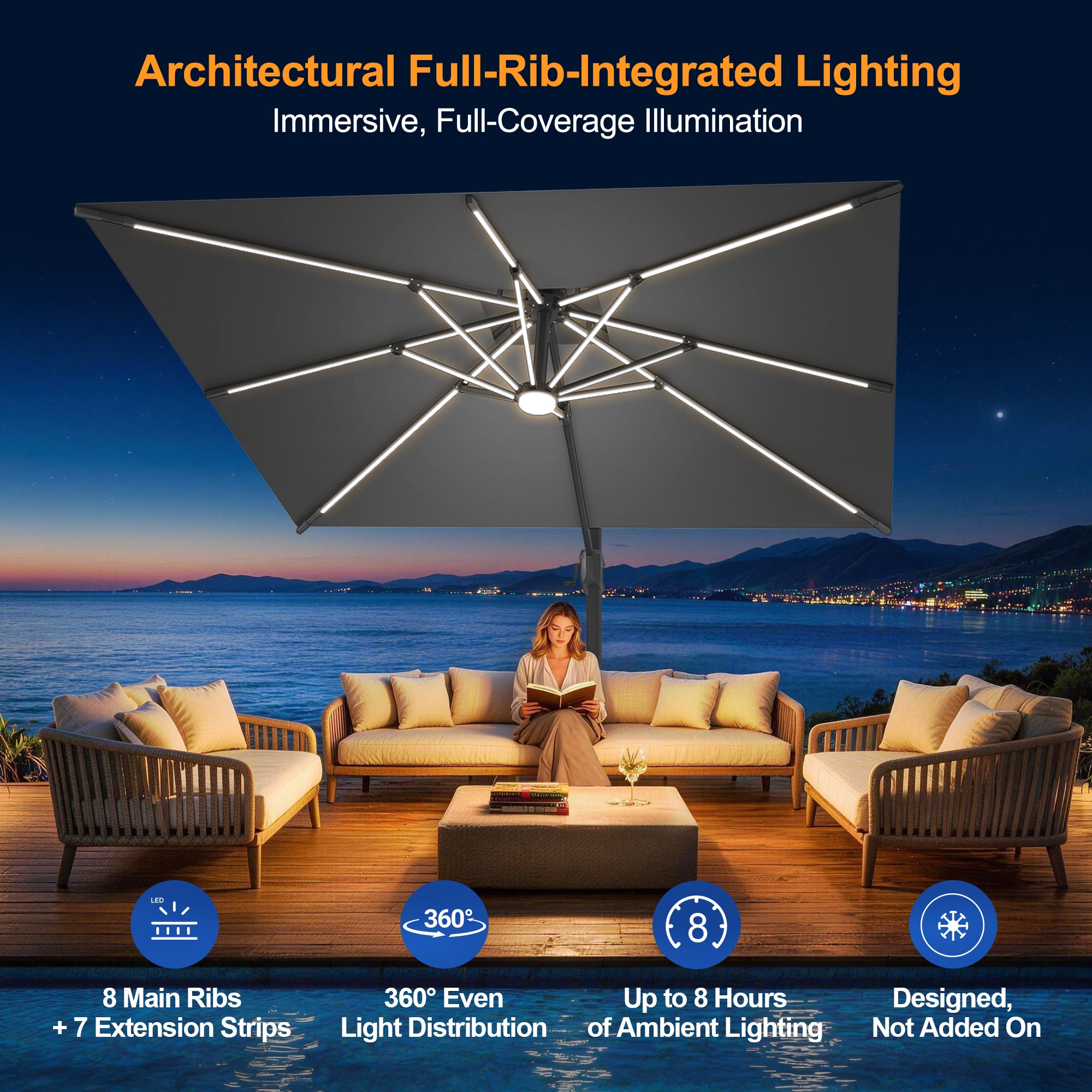 LED Cantilever Umbrella with Integrated Ribline Lighting for Outdoor Dining, Poolside Lounging & Garden Evenings