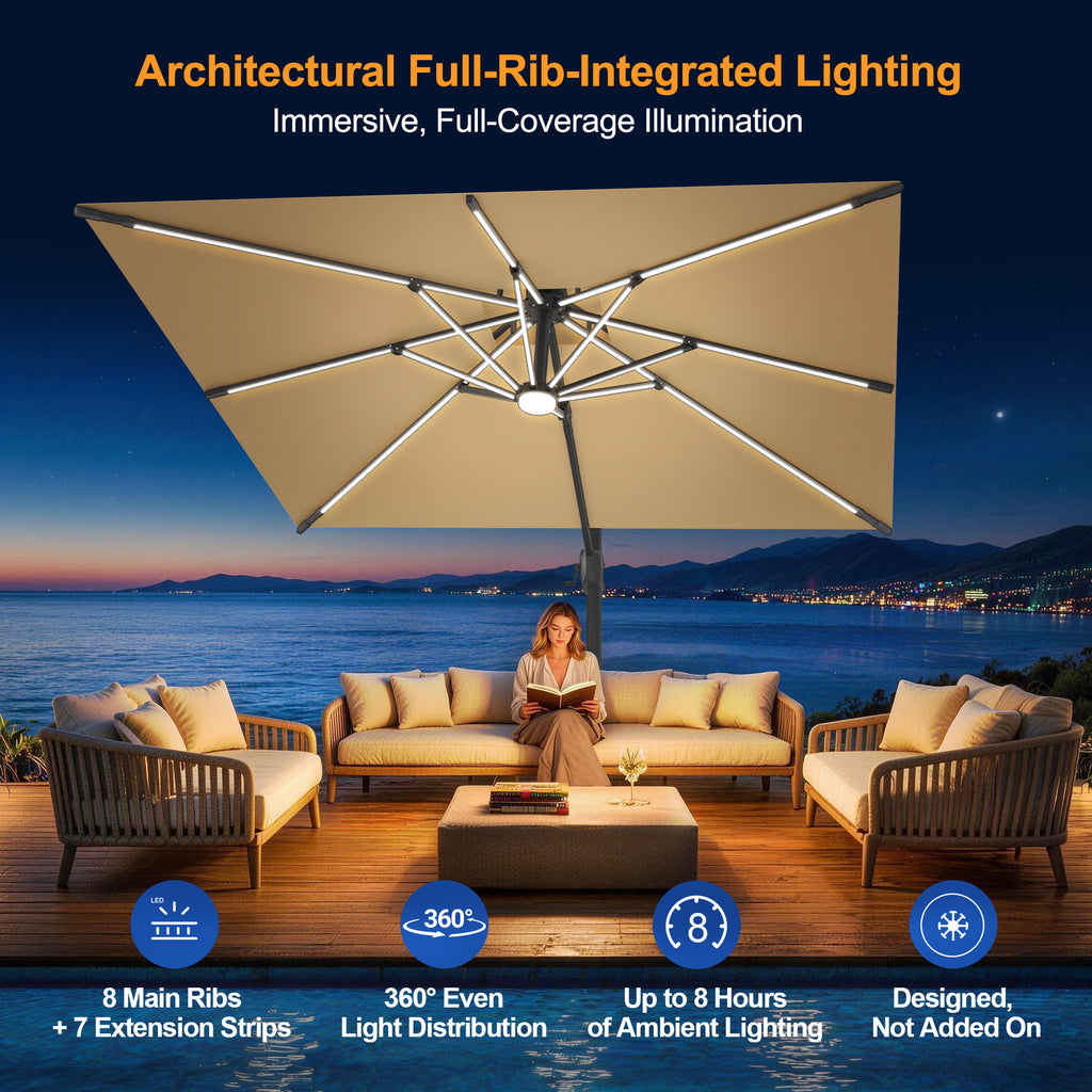 LED Cantilever Umbrella with Integrated Ribline Lighting for Outdoor Dining, Poolside Lounging & Garden Evenings
