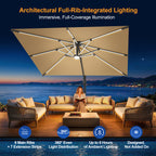 LED Cantilever Umbrella with Integrated Ribline Lighting for Outdoor Dining, Poolside Lounging & Garden Evenings