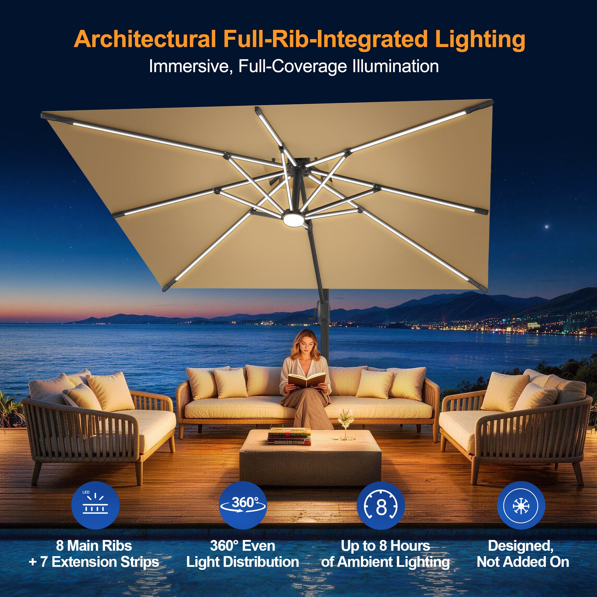 LED Cantilever Umbrella with Integrated Ribline Lighting for Outdoor Dining, Poolside Lounging & Garden Evenings