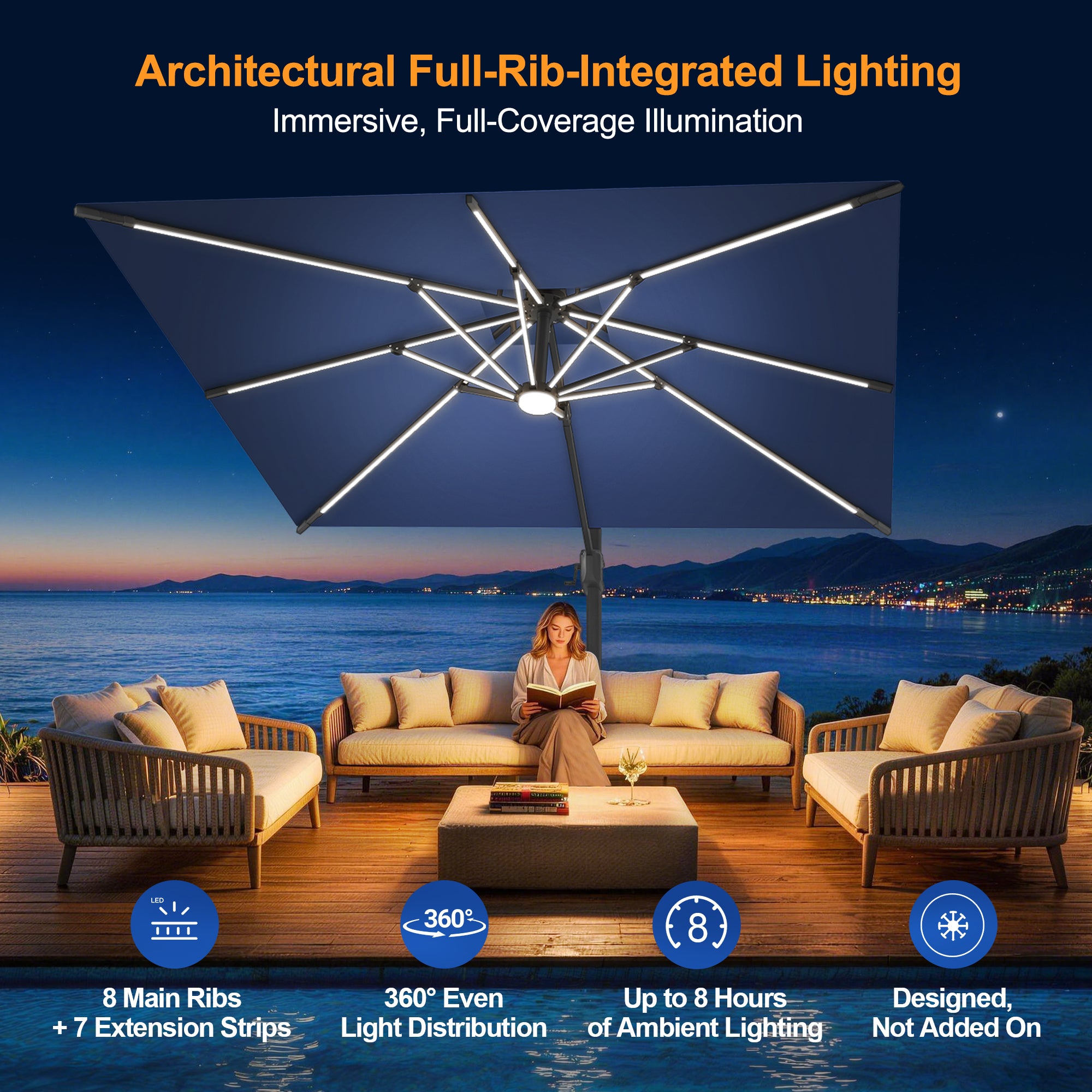 LED Cantilever Umbrella with Integrated Ribline Lighting for Outdoor Dining, Poolside Lounging & Garden Evenings