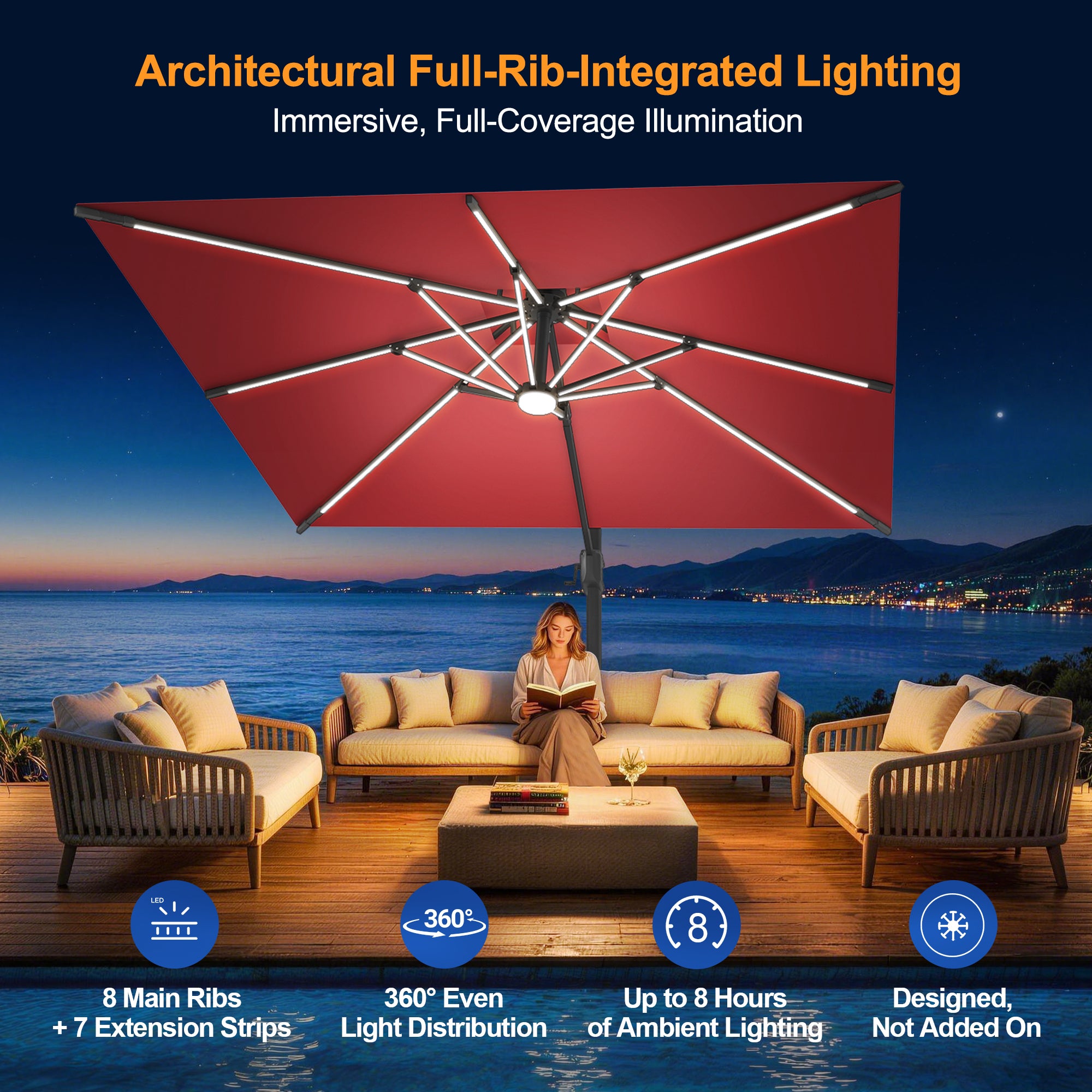 LED Cantilever Umbrella with Integrated Ribline Lighting for Outdoor Dining, Poolside Lounging & Garden Evenings