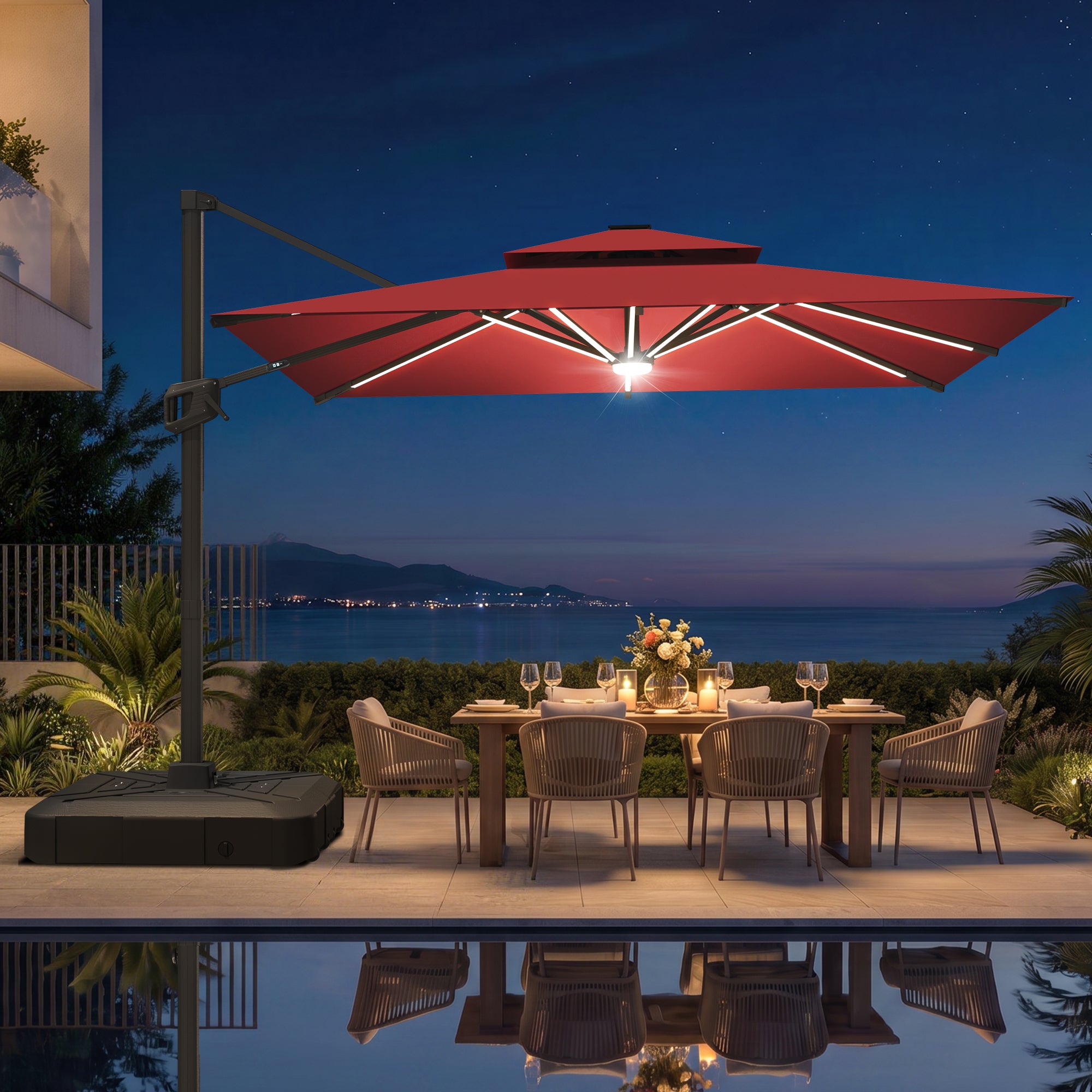 LED Cantilever Umbrella with Integrated Ribline Lighting for Outdoor Dining, Poolside Lounging & Garden Evenings
