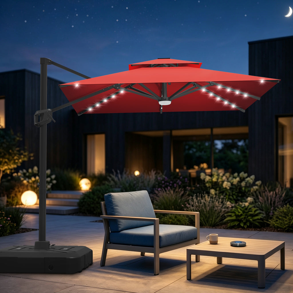 Cantilever Umbrella with Integrated Solar LED Bead Lights for Patios, Poolside Lounging & Garden Evenings