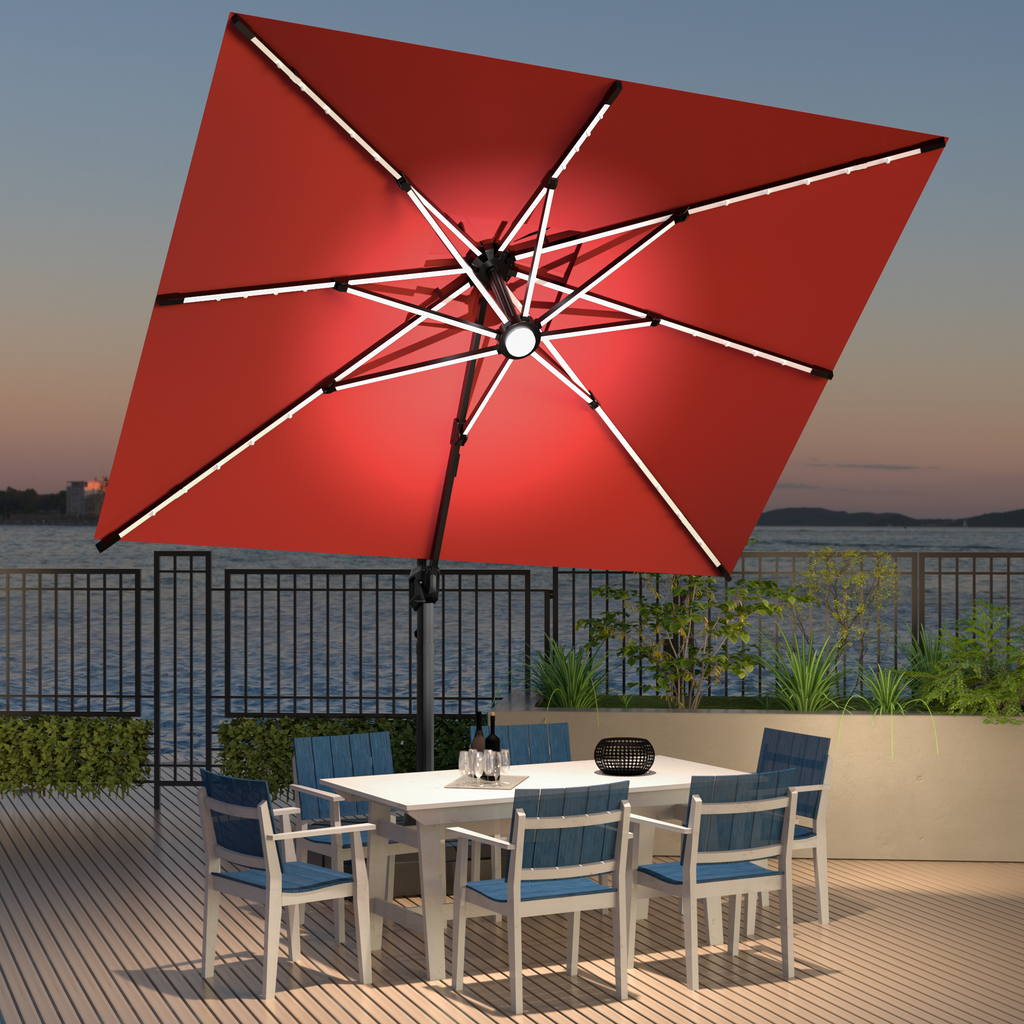 LED Cantilever Umbrella with Integrated Ribline Lighting for Outdoor Dining, Poolside Lounging & Garden Evenings