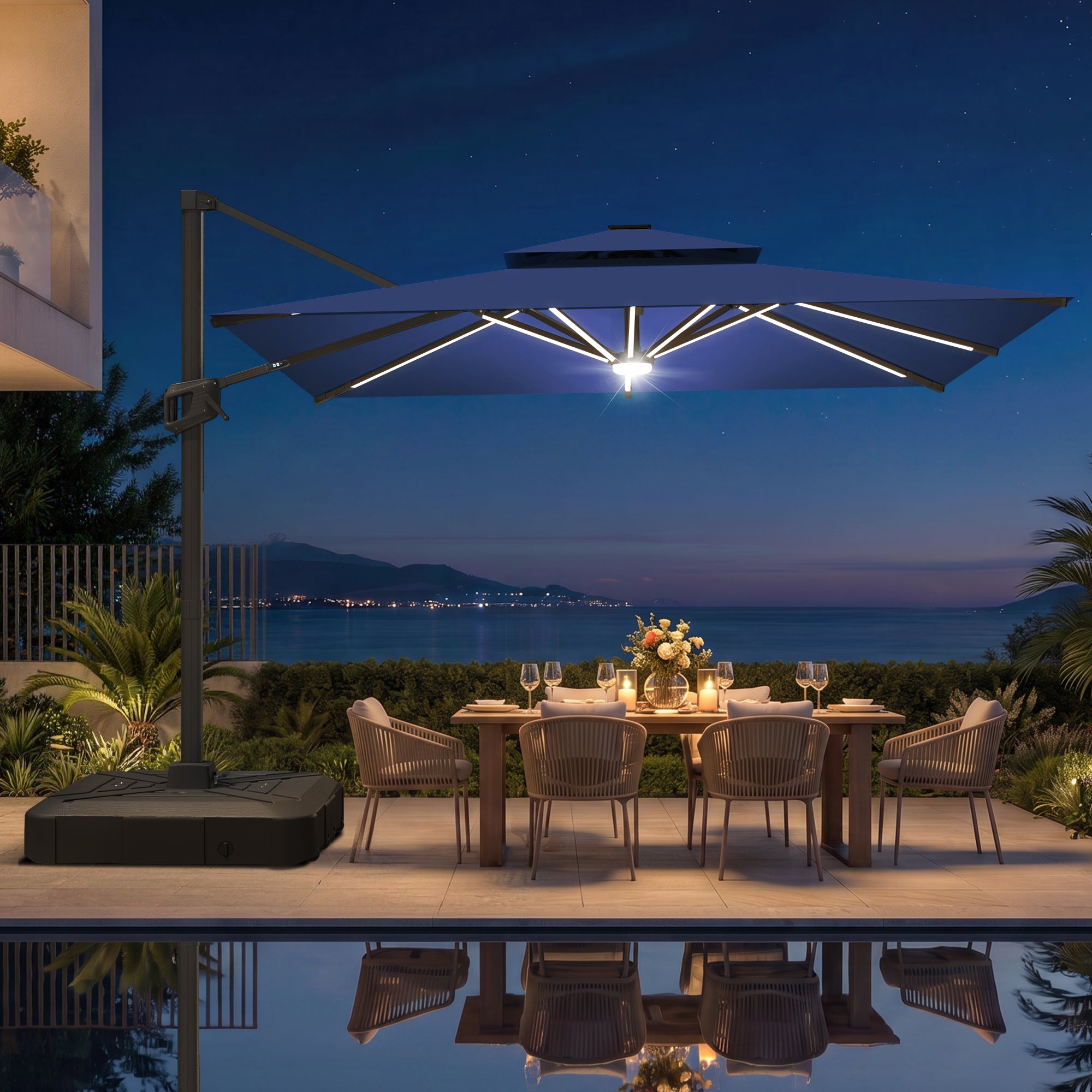 LED Cantilever Umbrella with Integrated Ribline Lighting for Outdoor Dining, Poolside Lounging & Garden Evenings