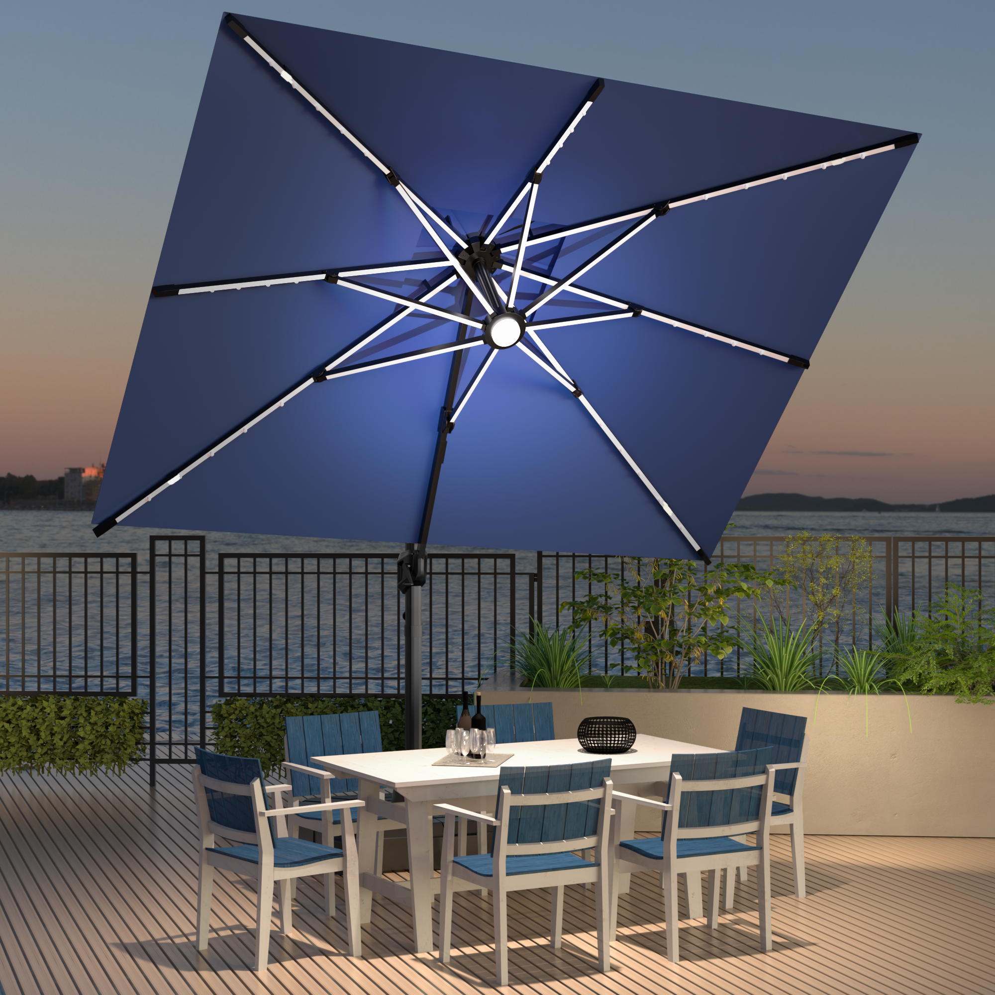 LED Cantilever Umbrella with Integrated Ribline Lighting for Outdoor Dining, Poolside Lounging & Garden Evenings