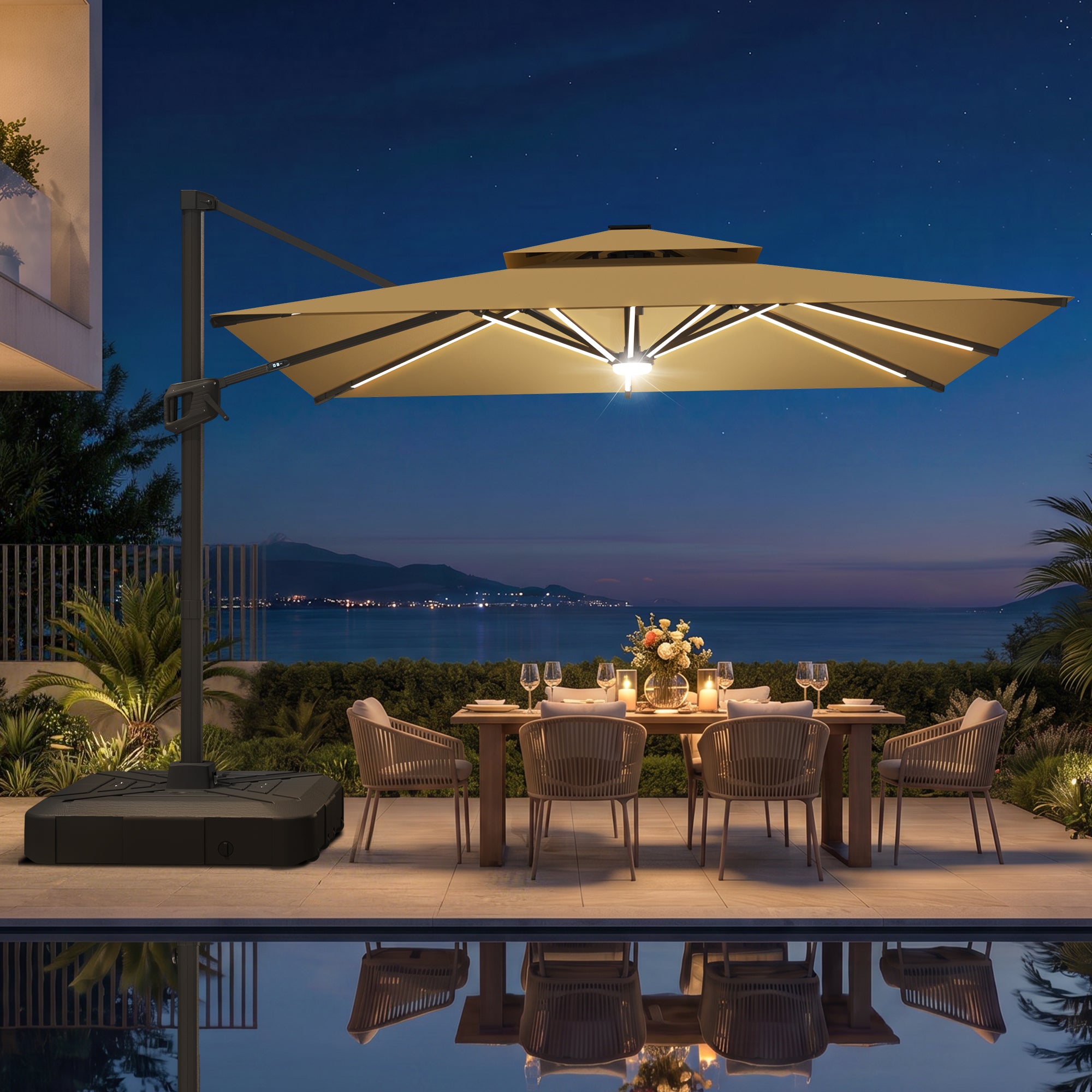 LED Cantilever Umbrella with Integrated Ribline Lighting for Outdoor Dining, Poolside Lounging & Garden Evenings
