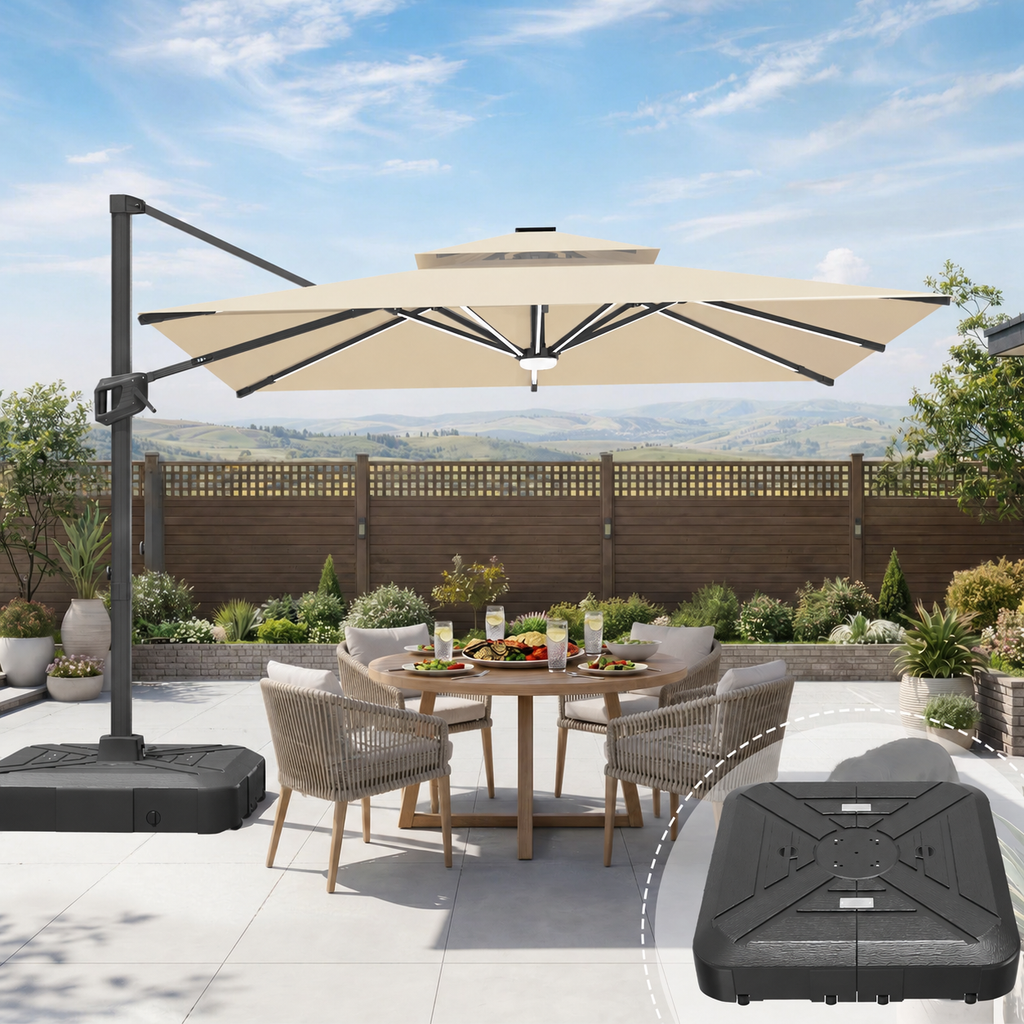 LED Cantilever Umbrella with Integrated Ribline Lighting for Outdoor Dining, Poolside Lounging & Garden Evenings