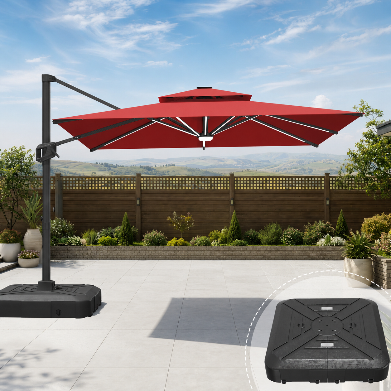 LED Cantilever Umbrella with Integrated Ribline Lighting for Outdoor Dining, Poolside Lounging & Garden Evenings