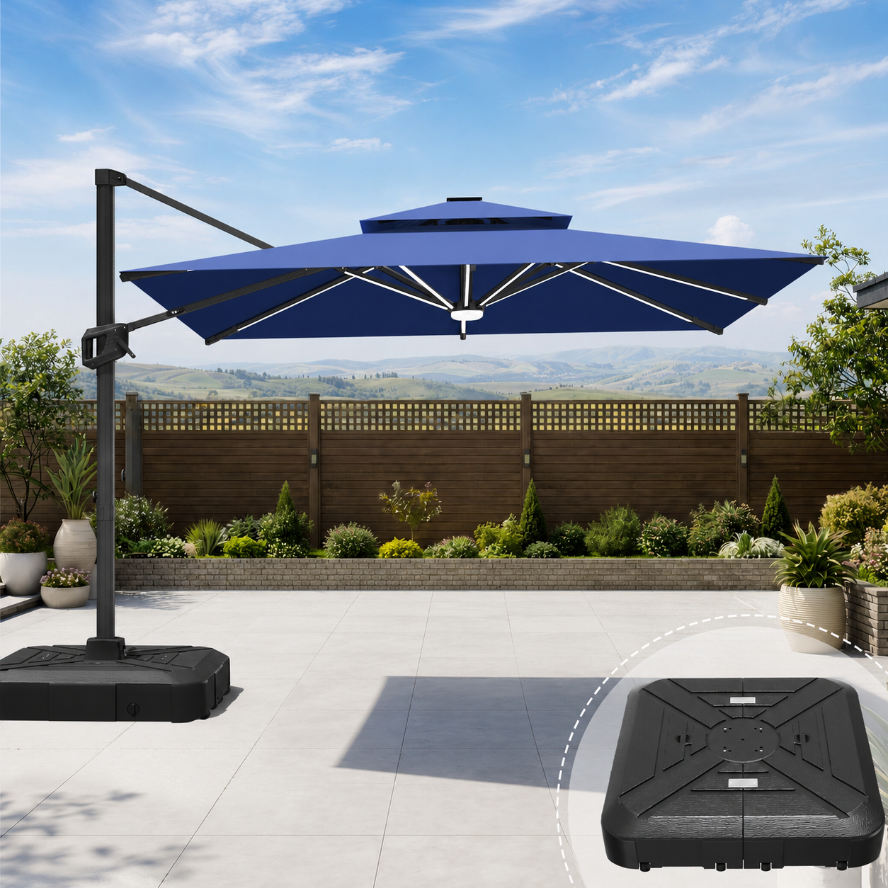 LED Cantilever Umbrella with Integrated Ribline Lighting for Outdoor Dining, Poolside Lounging & Garden Evenings