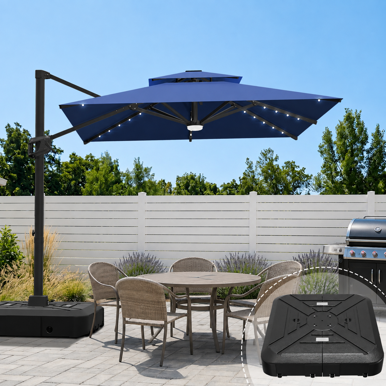 Cantilever Umbrella with Integrated Solar LED Bead Lights for Patios, Poolside Lounging & Garden Evenings
