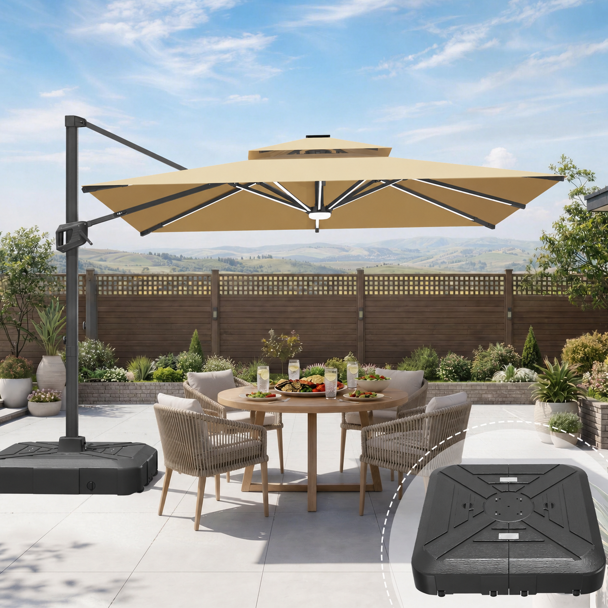 LED Cantilever Umbrella with Integrated Ribline Lighting for Outdoor Dining, Poolside Lounging & Garden Evenings