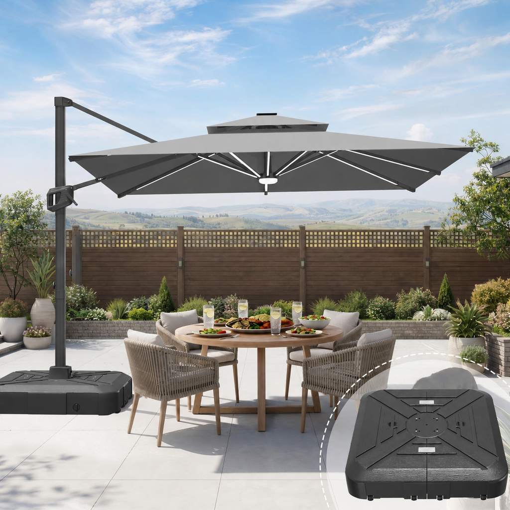 LED Cantilever Umbrella with Integrated Ribline Lighting for Outdoor Dining, Poolside Lounging & Garden Evenings