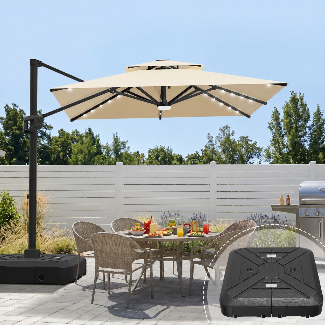 Cantilever Umbrella with Integrated Solar LED Bead Lights for Patios, Poolside Lounging & Garden Evenings