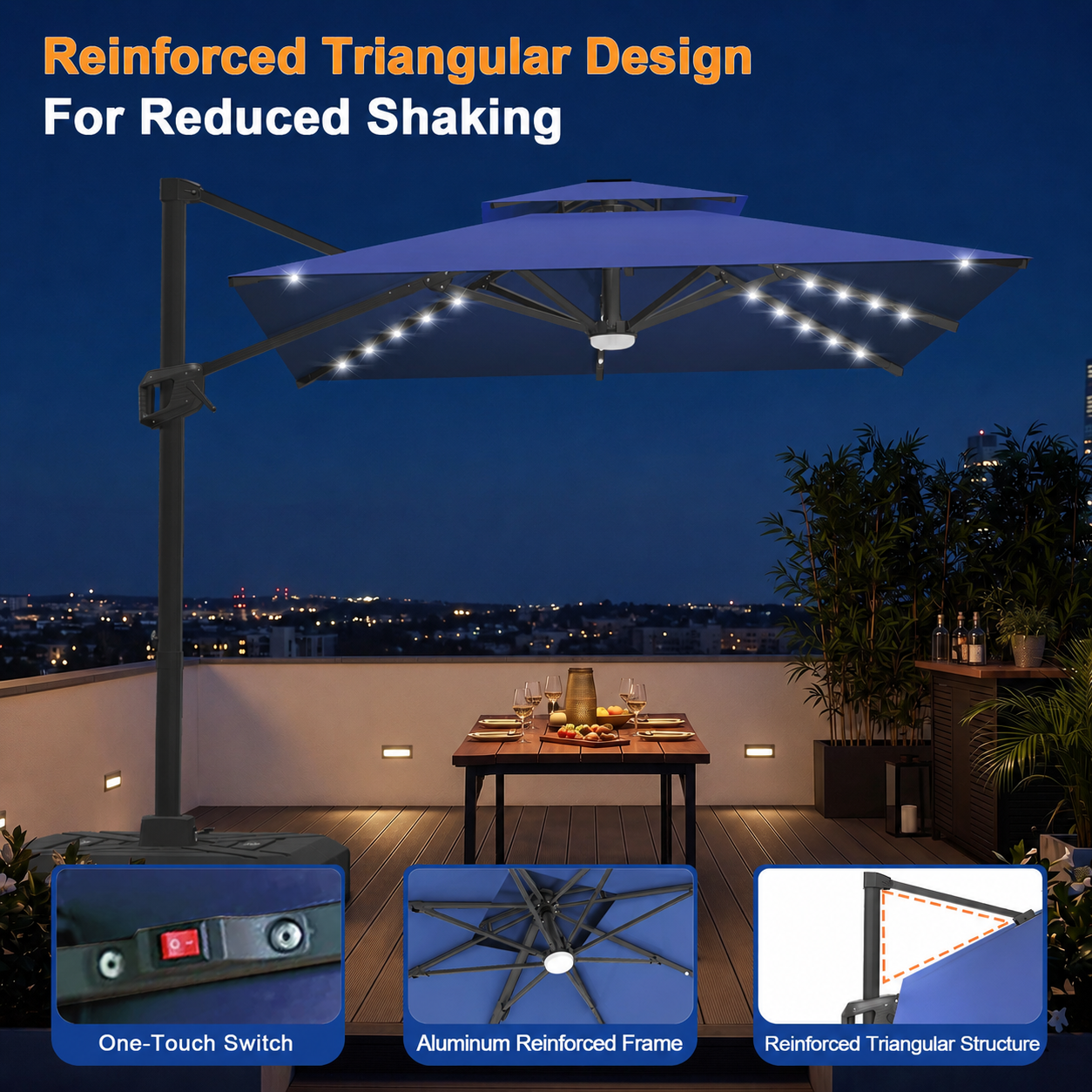 Cantilever Umbrella with Integrated Solar LED Bead Lights for Patios, Poolside Lounging & Garden Evenings