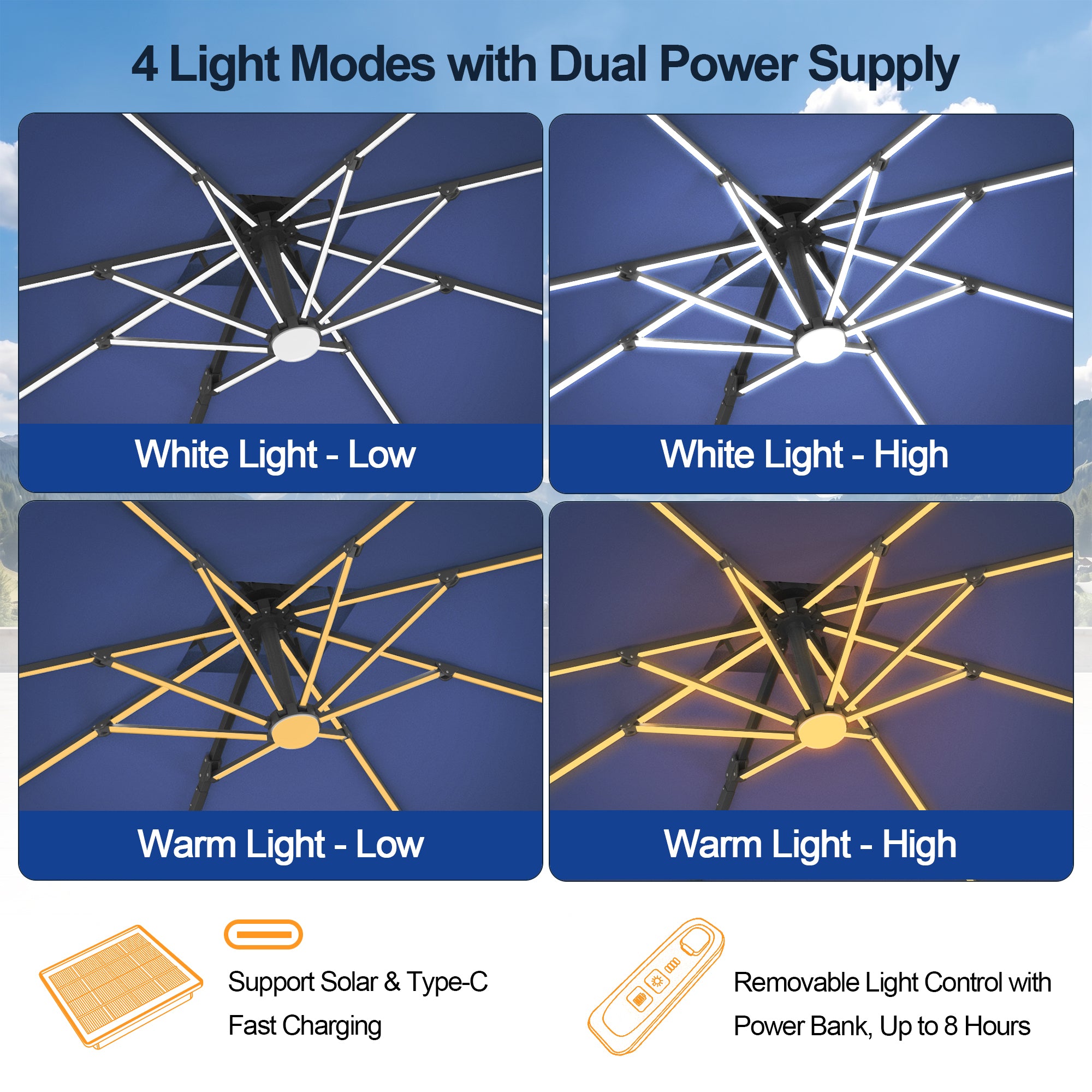 LED Cantilever Umbrella with Integrated Ribline Lighting for Outdoor Dining, Poolside Lounging & Garden Evenings