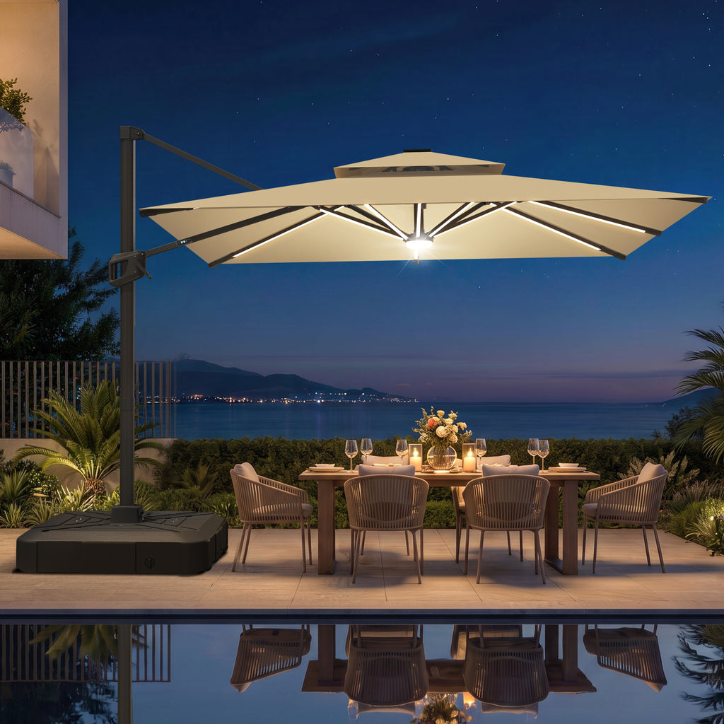LED Cantilever Umbrella with Integrated Ribline Lighting for Outdoor Dining, Poolside Lounging & Garden Evenings