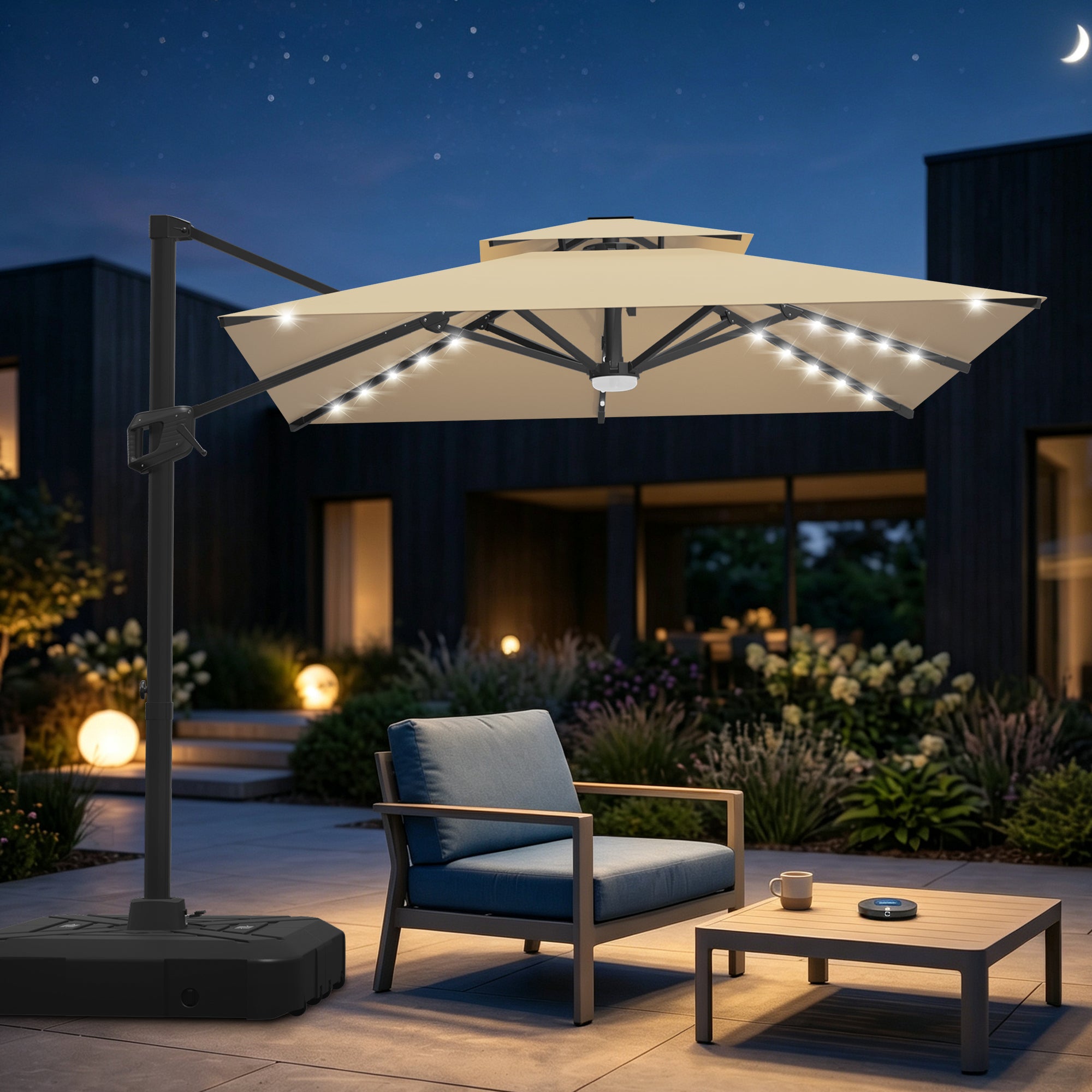 Cantilever Umbrella with Integrated Solar LED Bead Lights for Patios, Poolside Lounging & Garden Evenings
